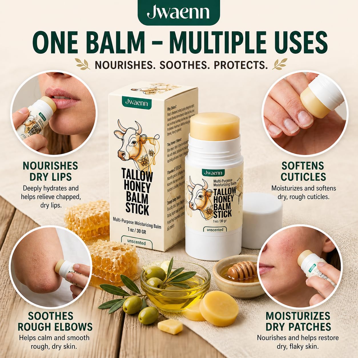 JWAENN Tallow Honey Balm Stick Grass-Fed Beef Tallow Moisturizer for Face & Body, Multi-Purpose Solid Balm for Sensitive Skin, with Raw Honey & Vitamin E, 30g, 1 oz