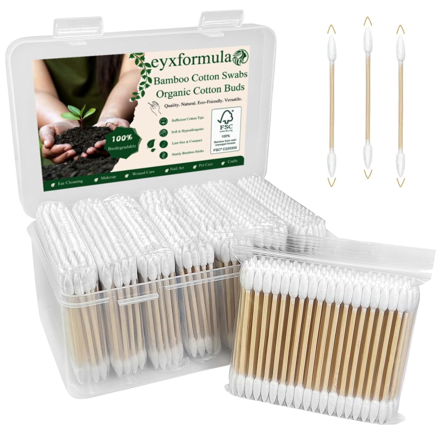 Eyxformula Pointed Cotton Swabs - 800 Count FSC Certified Bamboo Sticks | Lint-Free Applicator for Makeup & Crafts