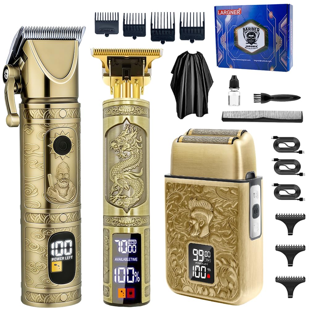 Hair Clippers for Men Professional, Beard Trimmer Kits & Sets, Cordless Mens Hair Trimmer, Electric Shavers, Haircutting Machine with LED Display (Bronze-3in1)