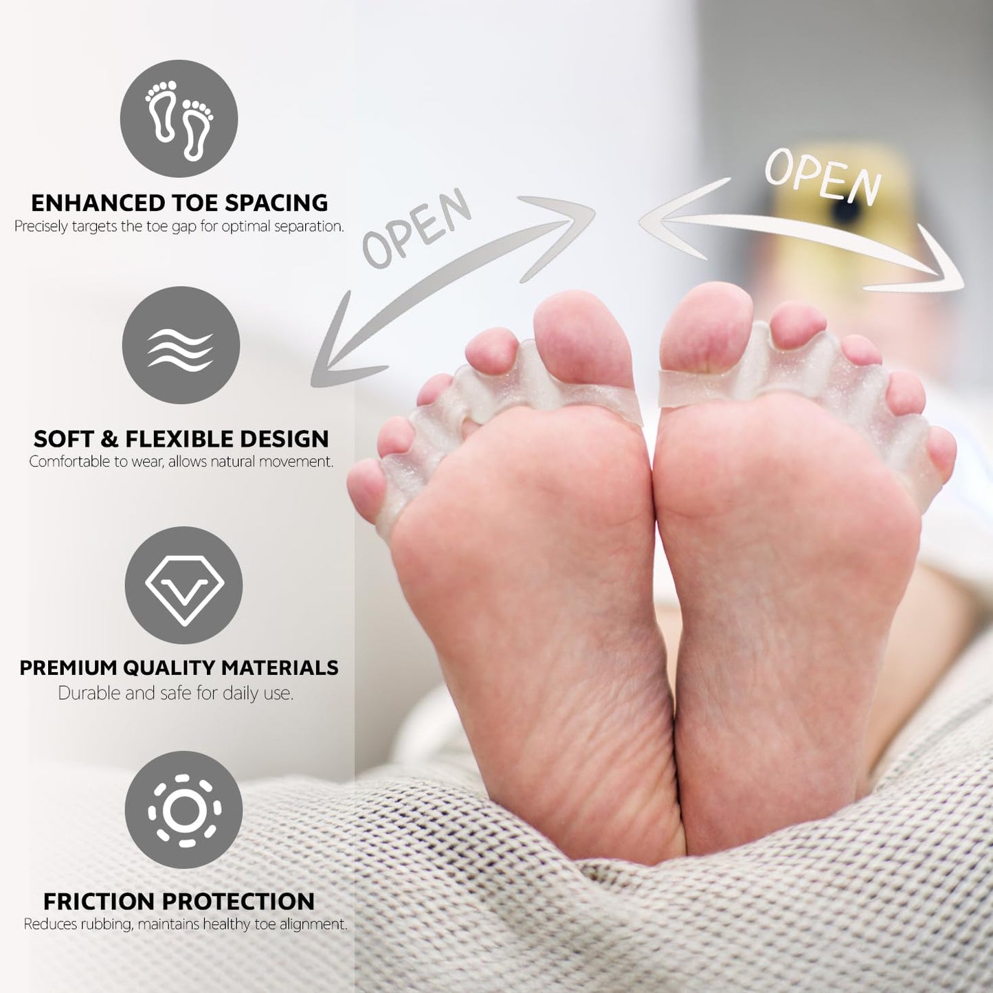 Silicone Toe Separators - Gel Spacers for Bunions & Overlapping Toes | 2 Pcs, Reusable, Flexible (Transparent)