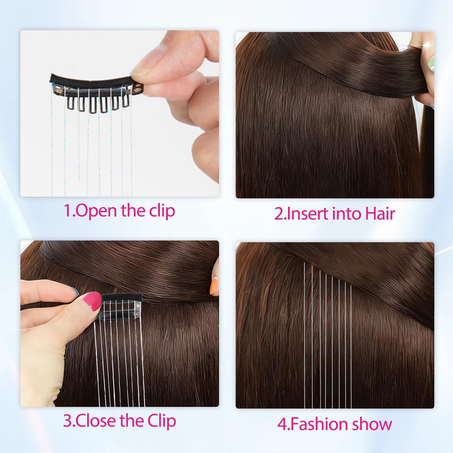 12 Pcs 20 Inch Clip in Hair Tinsel Kit, Silver Glitter Fairy Hair Extensions, Festival Party Hair Accessories for Women Girls Concert Cosplay Birthday
