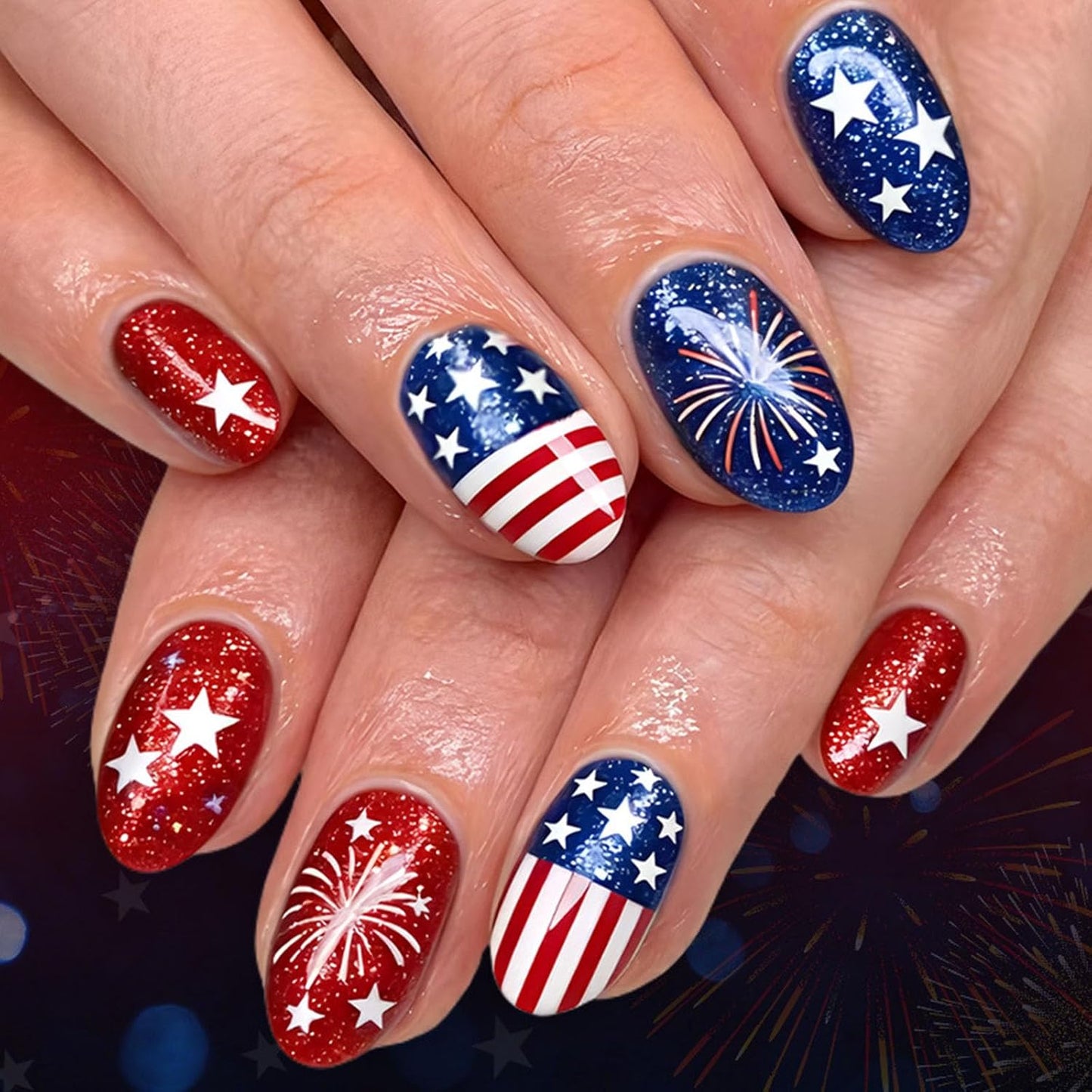 Press On Nails - Short Square Red, White & Blue Acrylic Nails with Glitter Stars | 4th of July Designs, 24 Pcs