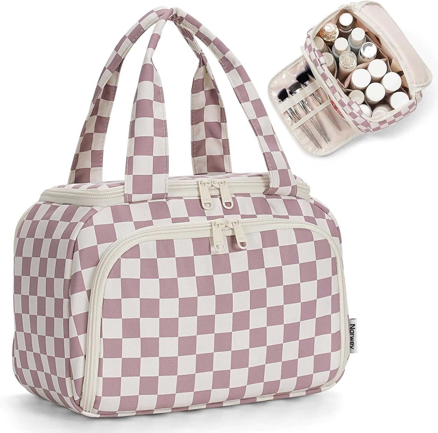 Checkered Travel Toiletry Bag - Large Makeup Organizer with Handle | Mint Green Checkerboard