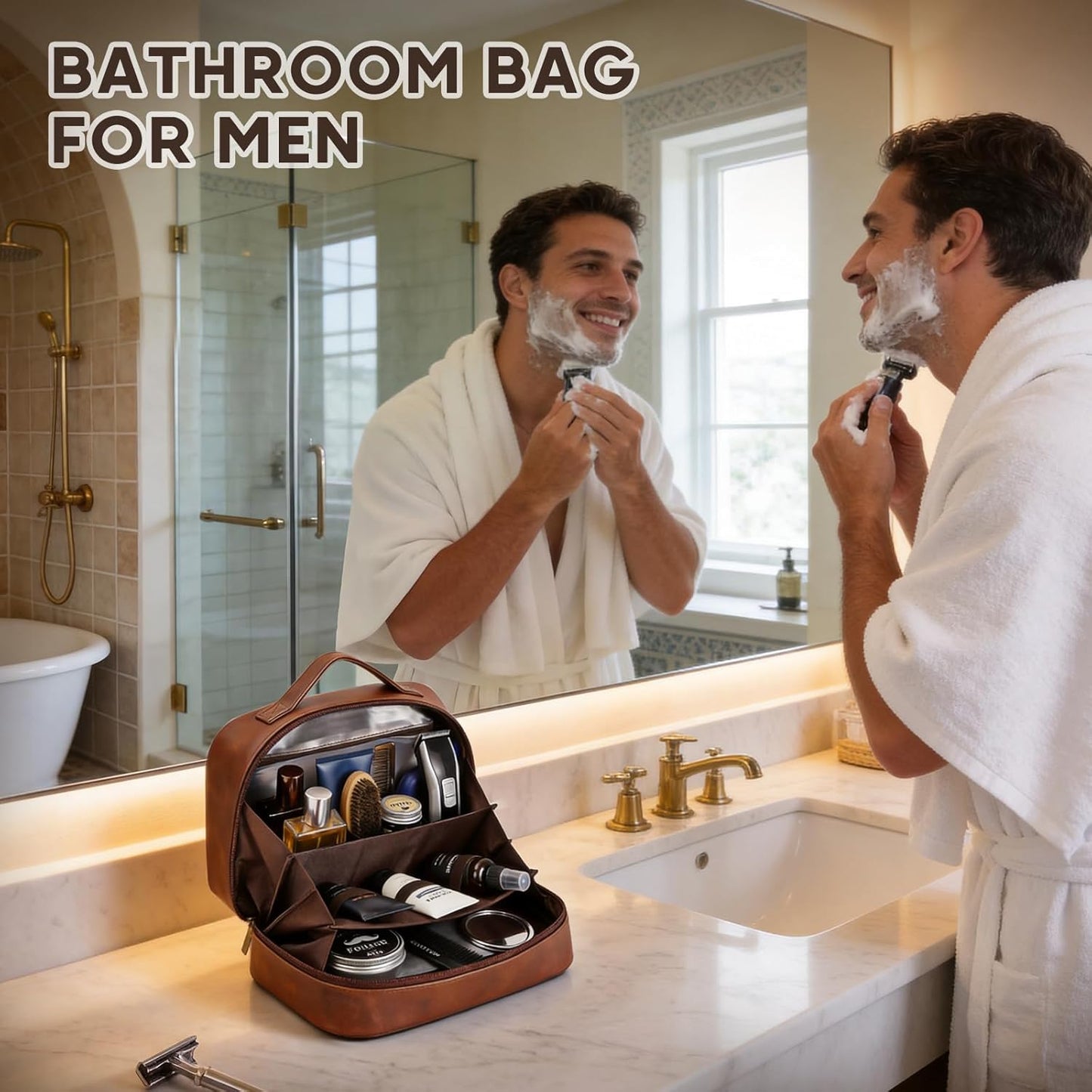 Men's Toiletry Travel Bag - Water-Resistant PU Leather Organizer | Brown Shaving Kit for Gifts