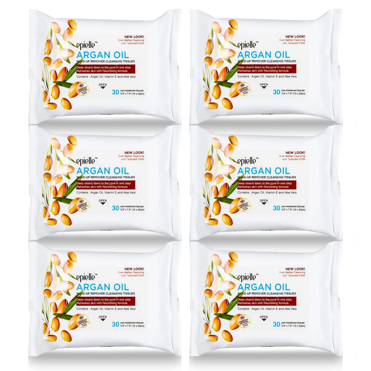 Epielle Green Tea Makeup Remover Wipes - Gentle Facial Cleanser Towelettes for Dirt, Oil & Waterproof Mascara | 30 Count (Pack of 6)