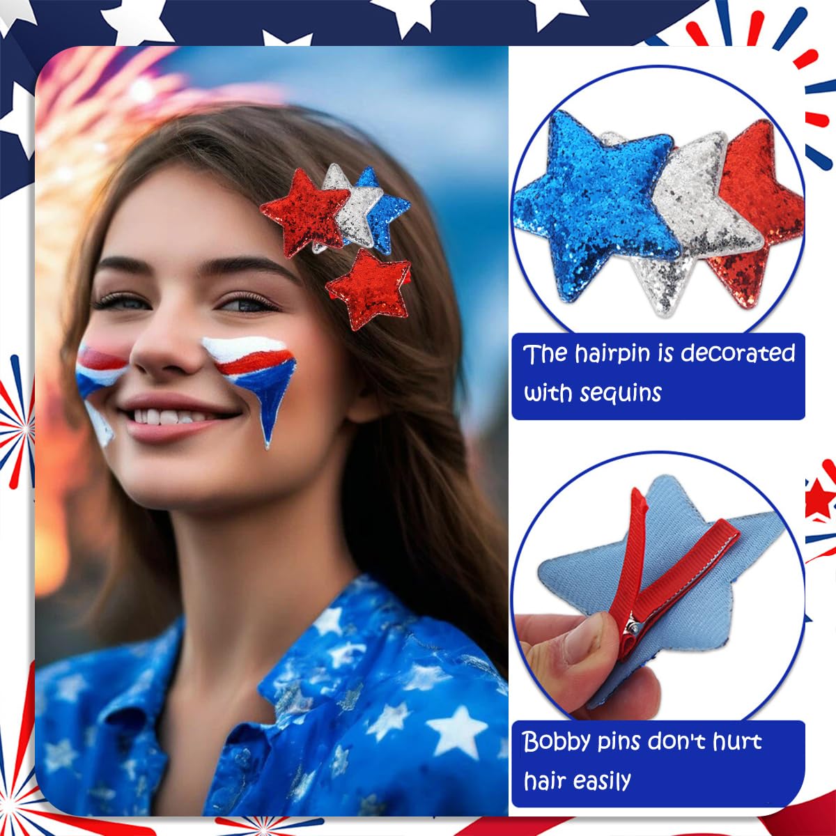 8 Pcs Star Hair Clips 4th of July Glitter Red White Blue Star Y2K Hair Barrettes Non Slip Sparkly Sequin Stars Hair Accessories for Women Girls Independence Day Hair Decoration