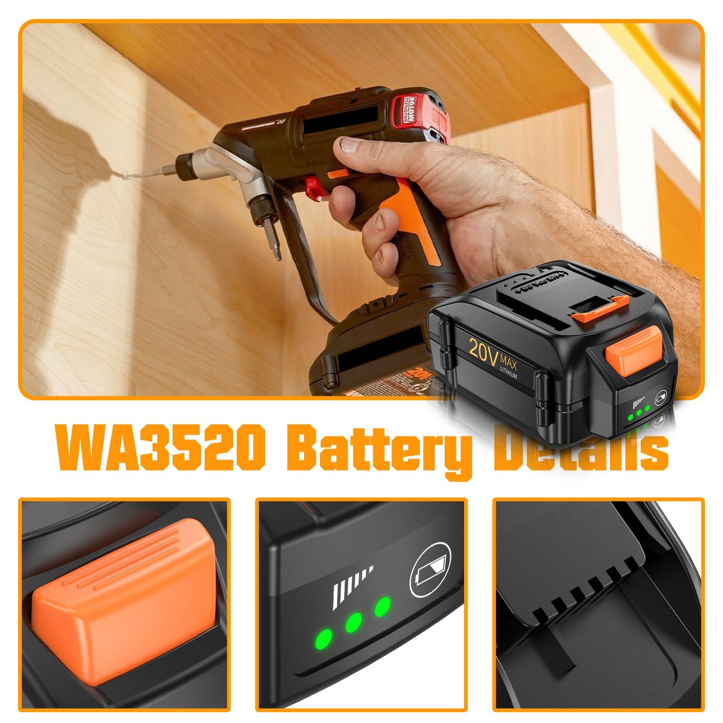 Mounzuikue Upgraded 2Packs 8.0Ah Replacement for Worx 20V Battery Lithium-ion Power Share Max WA3525 WA3575 WA3575 WA3578 WA3520 WA3742 WG155s WG251s WG890 Compatible with Worx battery 20V Power Tools