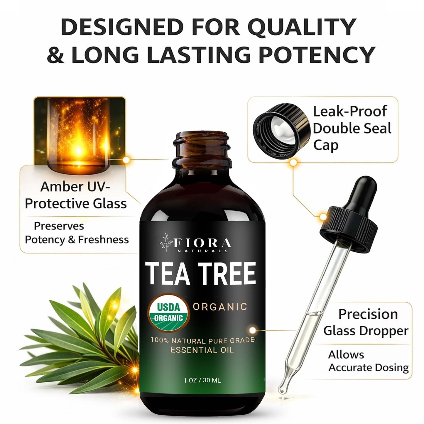 Fiora Naturals Tea Tree Oil, 100% Pure Organic Tea Tree Essential Oil 1 oz