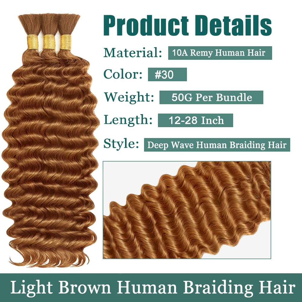 #30 Human Braidng Hair for Boho Braids 24 24 24 Inch Brown Deep Wave Bulk Human Hair for Braiding 10A Deep Wave Bulk 3 Bundles 150g
