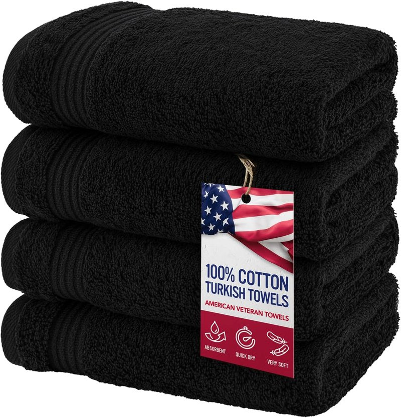 American Veteran Hand Towels Set of 4 - 100% Cotton Turkish Soft Bathroom Towels | Black