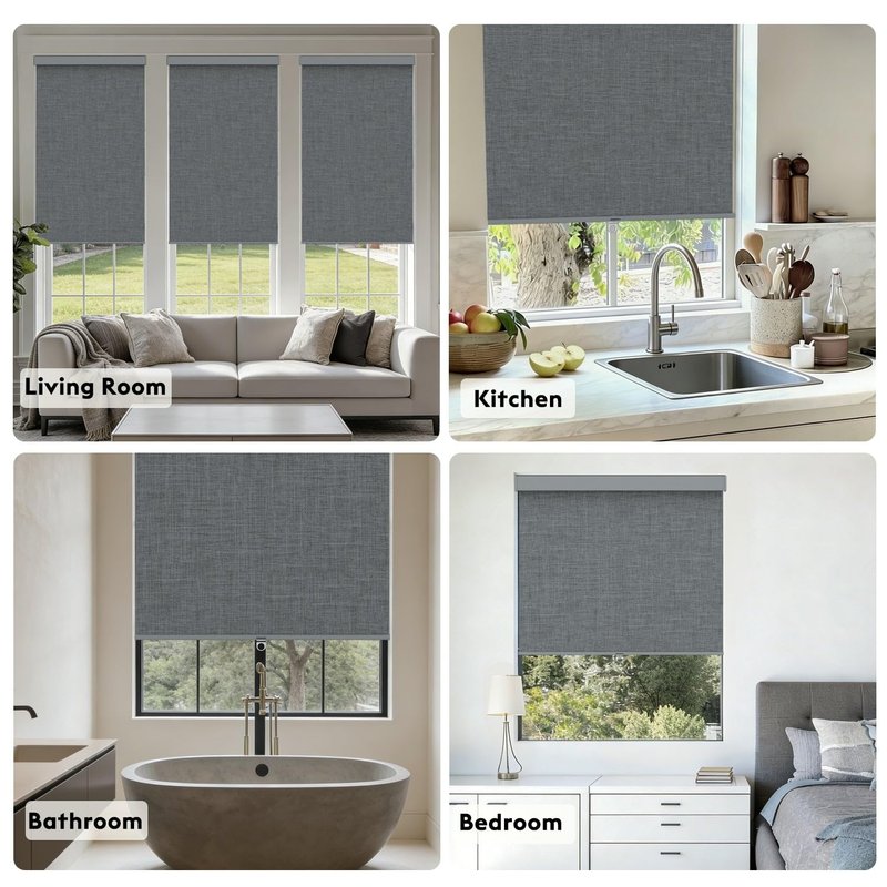 Blindify 100% Blackout Roller Shades, Free-Stop Cordless Roller Blinds for Windows, Thermal Insulated Linen Fabric Window Shades UV Protection for Home, Door, Grey, 37" W x 72" H