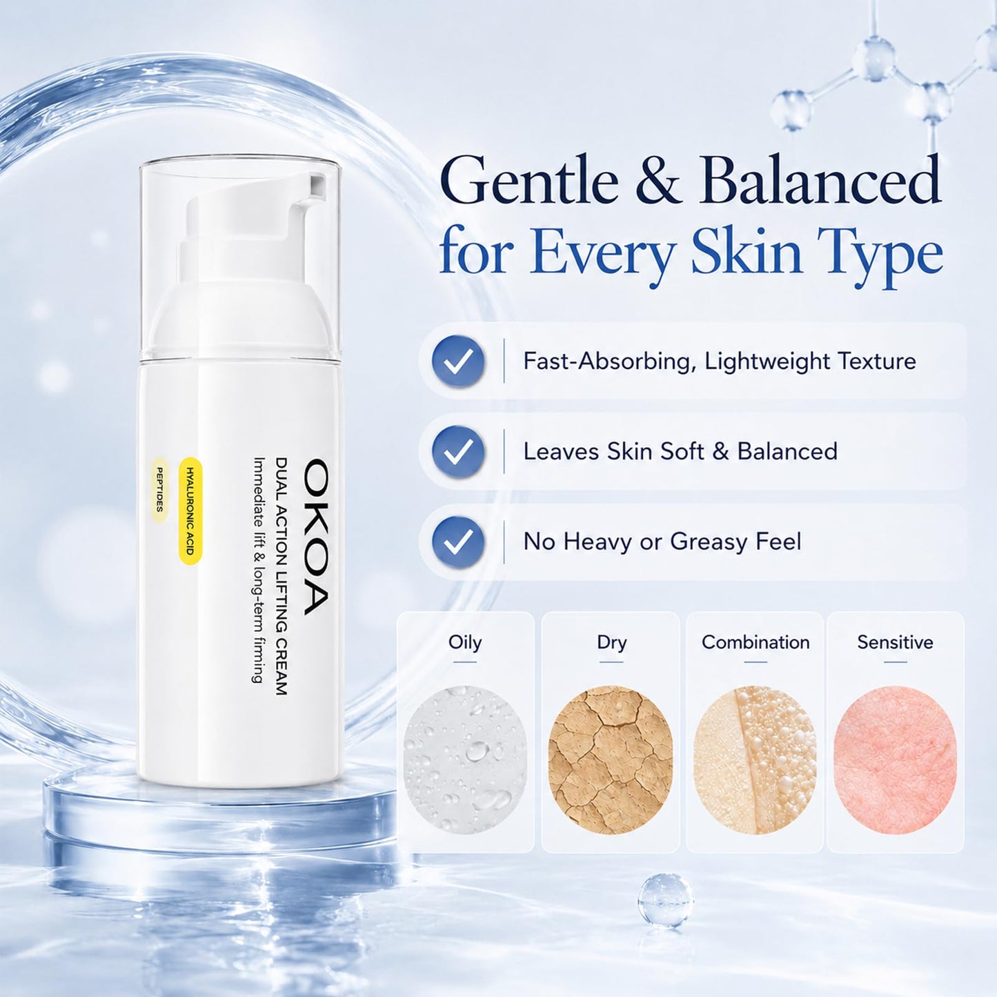 OKOA Cream Instant Lifting Cream, Dual Action Lifting Cream for Reduce Fine Lines & Wrinkles, Hydrating Soothing Moisturizer for Hydrating Daily Skin Care, 30ML