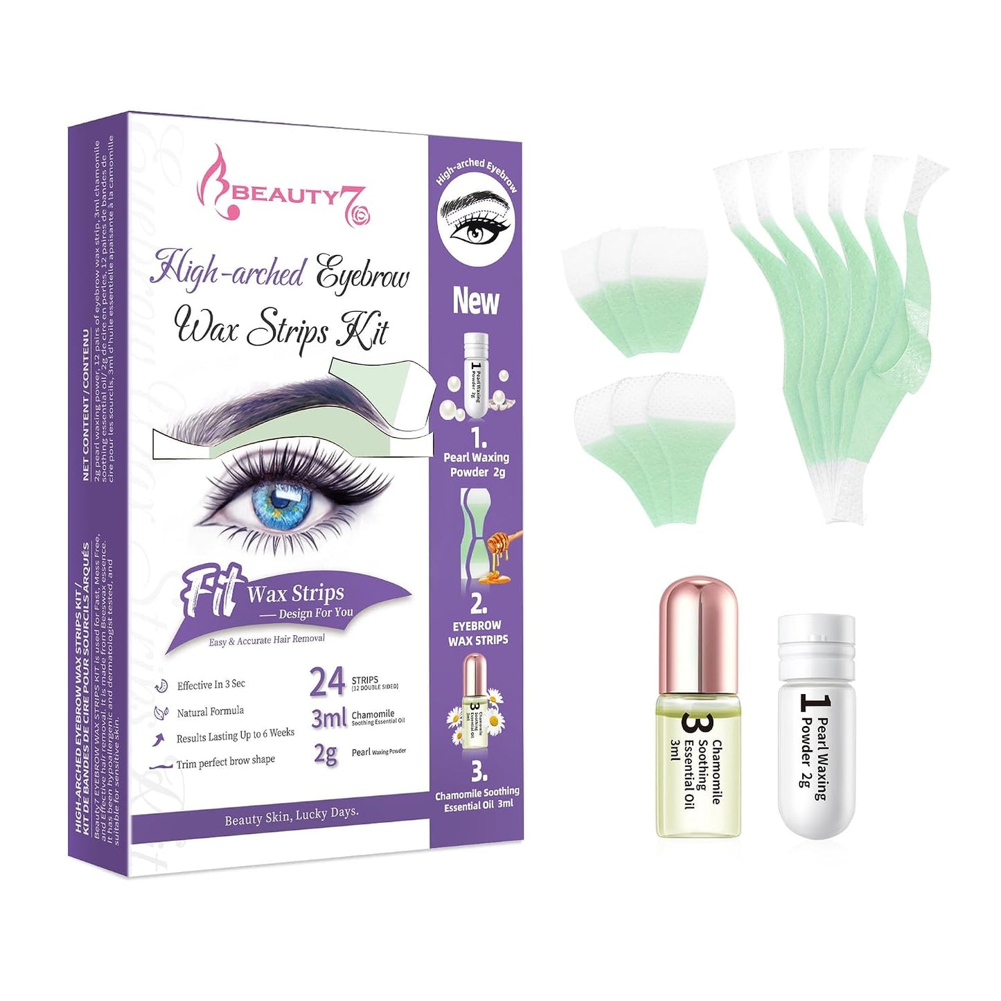 Hair Removal Kit - Eyebrow Wax Strips with Pearl Powder & Essential Oil | 24 Strips for Sensitive Skin