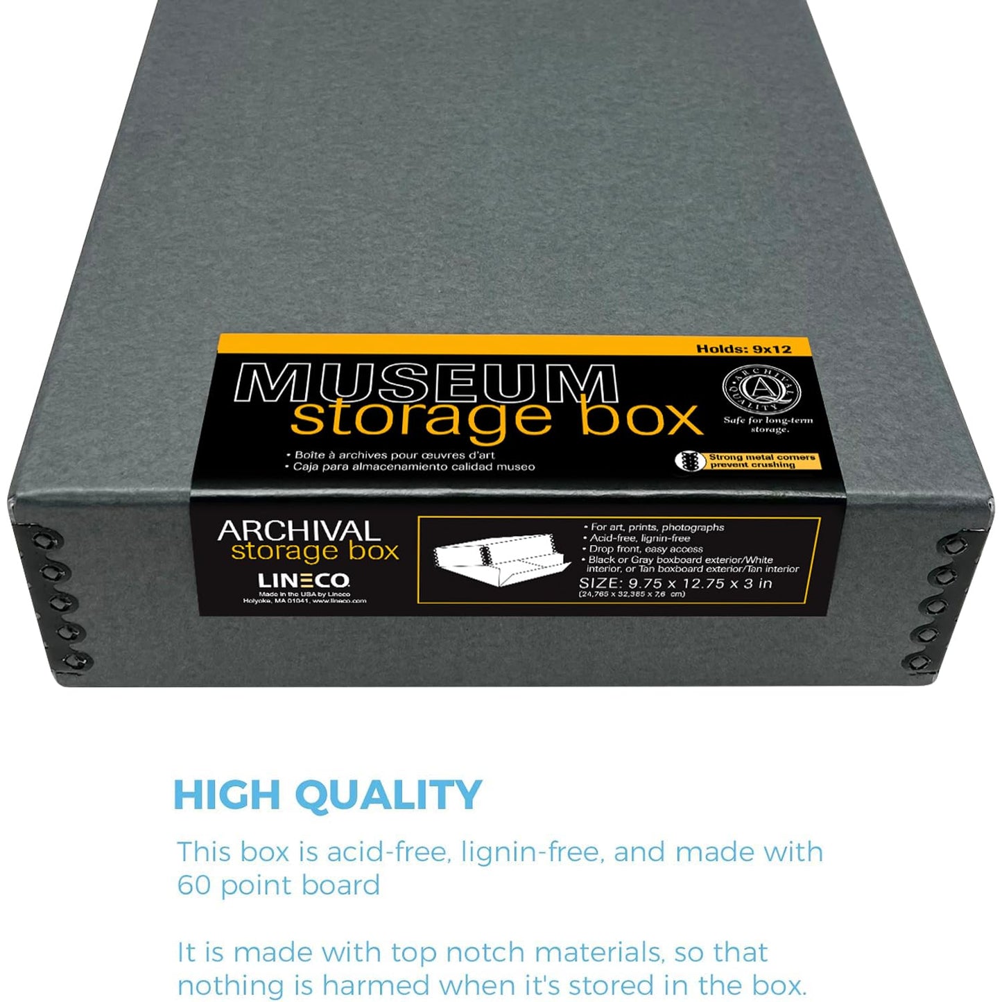 Lineco Museum Archival Storage Box, 9.75x12.75x3 in. Drop Front Design. Acid-Free with Metal Edge. Organize Photos, Pictures, Prints, Documents, Crafts, DIY. Gray, 1 Pack
