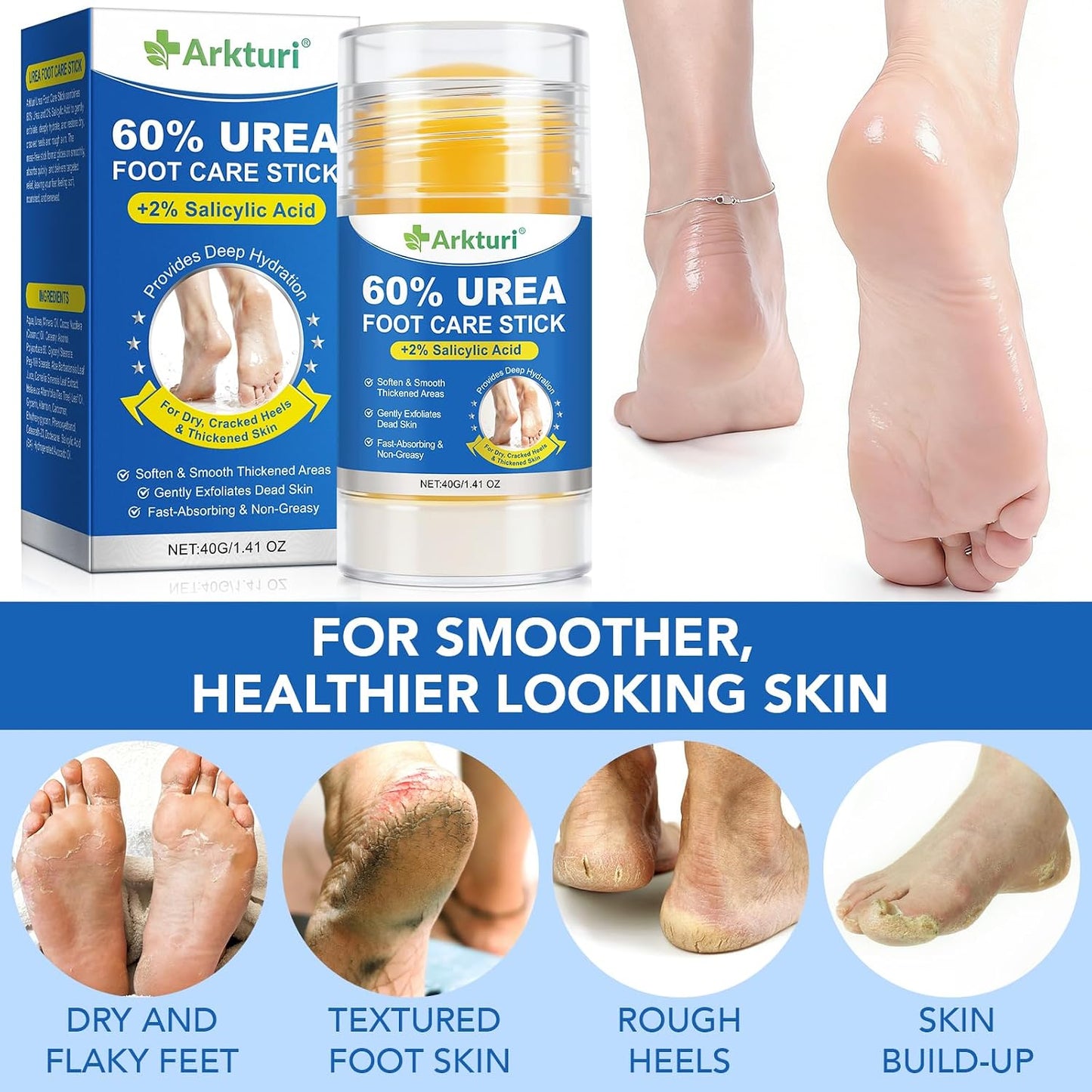 Urea Foot Care Stick with 2% Salicylic Acid | Intensive Moisturizing Cream for Dry, Cracked Feet - 1.41 oz