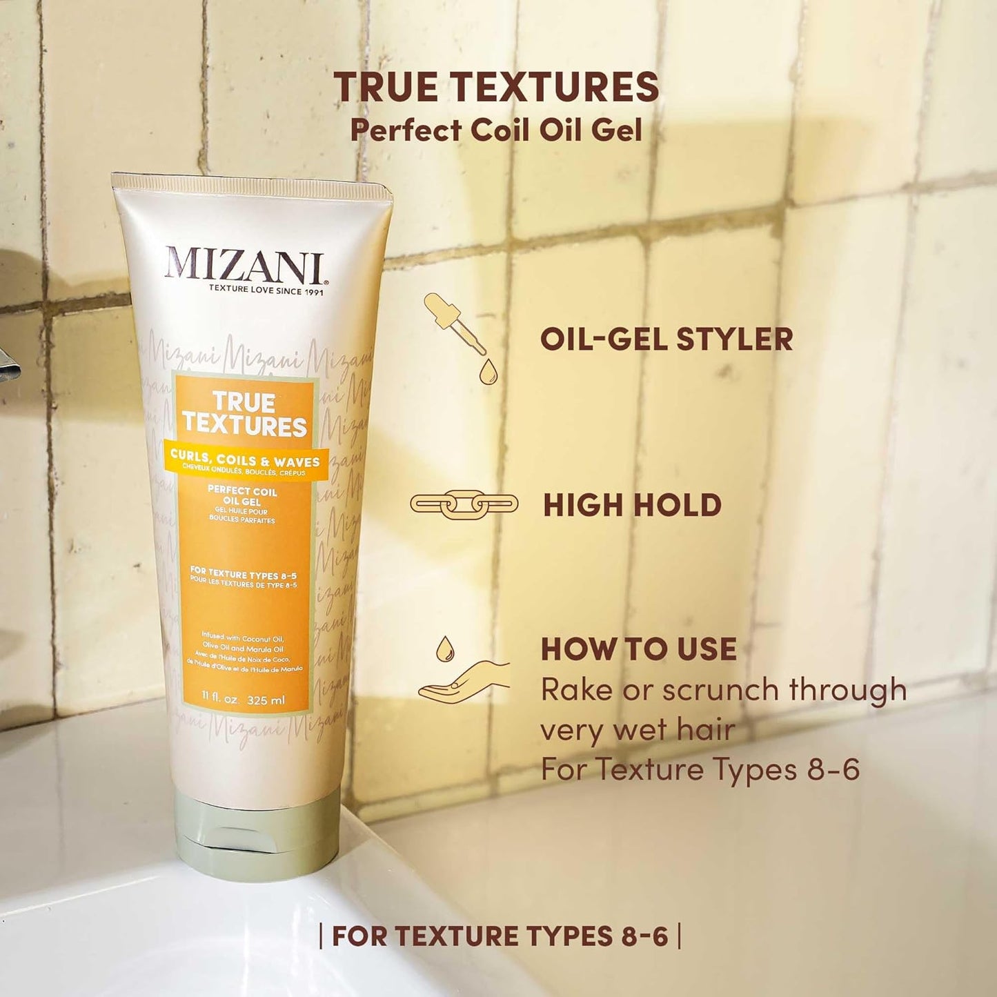 Mizani True Textures | Perfect Coil Oil Gel for Curly Hair - Anti-Frizz, Olive & Coconut Oil, Silicone-Free, 8 oz