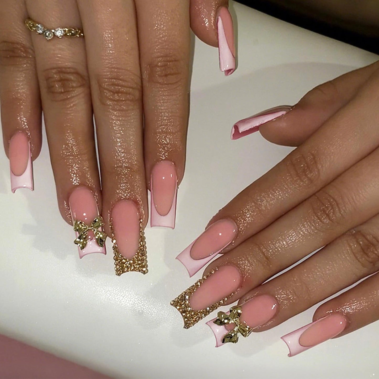 3D Flower Press-On Nails - Medium Square Pink French Tip with Star Rhinestones | Full Cover Artificial Nails for Women