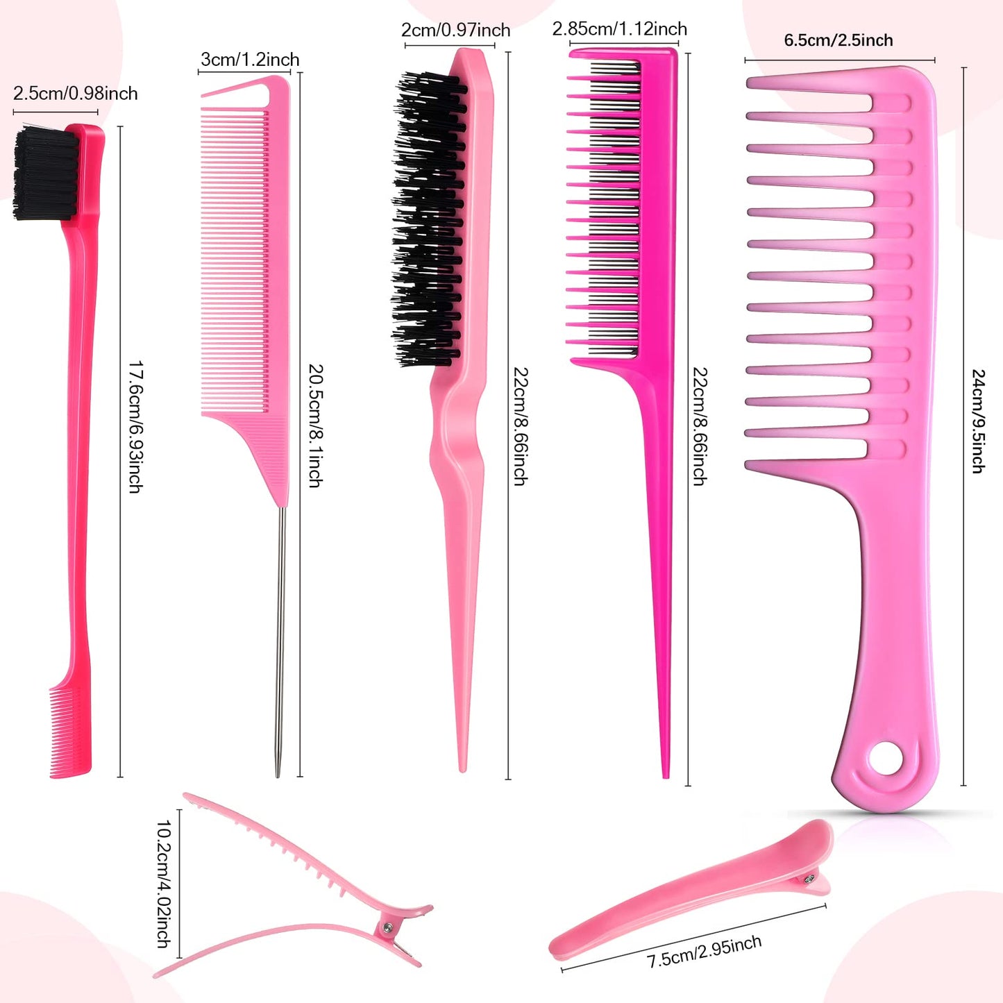 Nuenen 15 Piece Nylon Comb Set for Grooming Salon with Boar Bristle Brush Fluffy Brush Rat Tail Comb Triple Teasing Scrub Dual Edge Scrub and 10 Duckbill Clips for Women(Pink and Black)