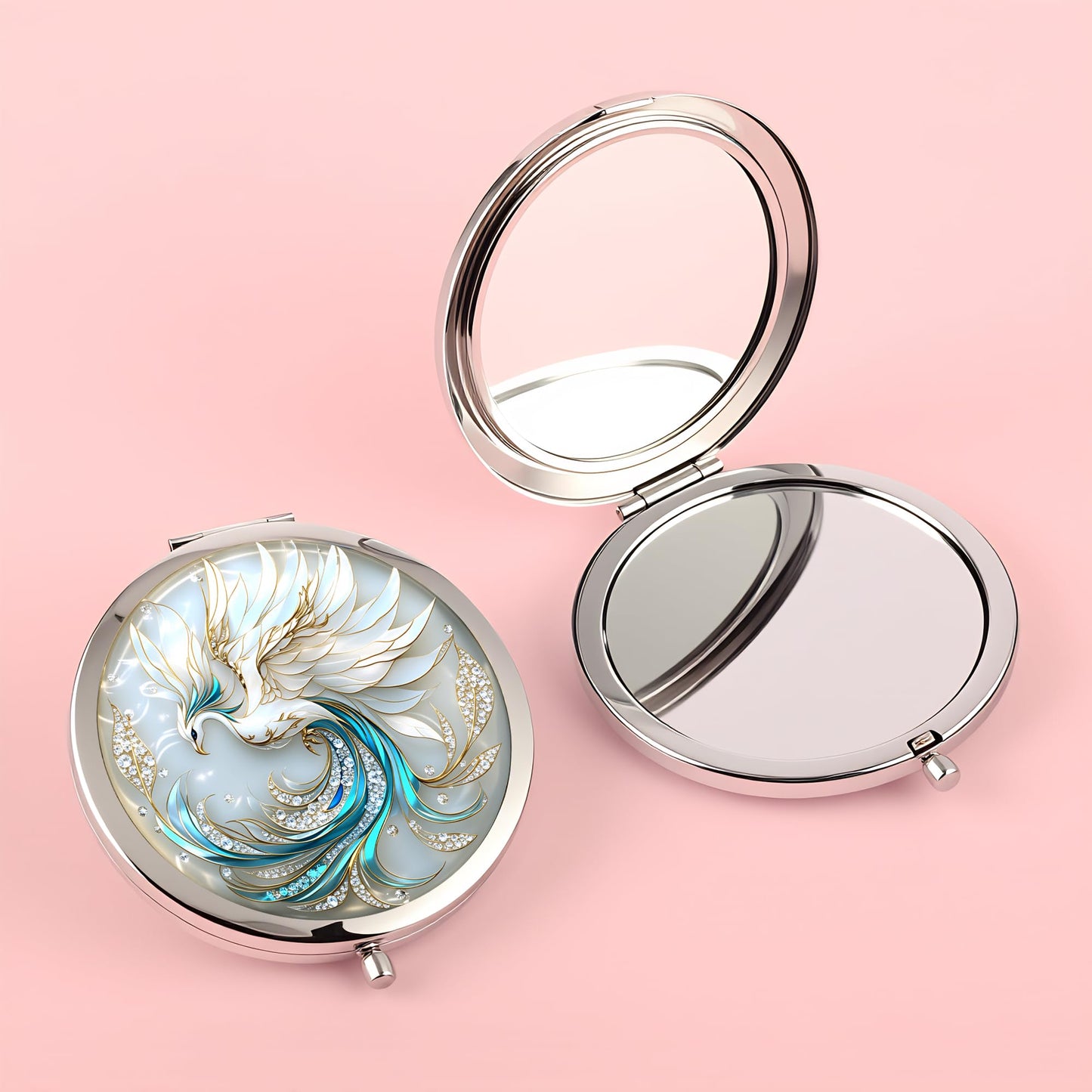 Silver Compact Mirror, 2.8x2.8inch Double-Sided Folding Makeup Mirror with White Phoenix Design, Ideal Gift for Women