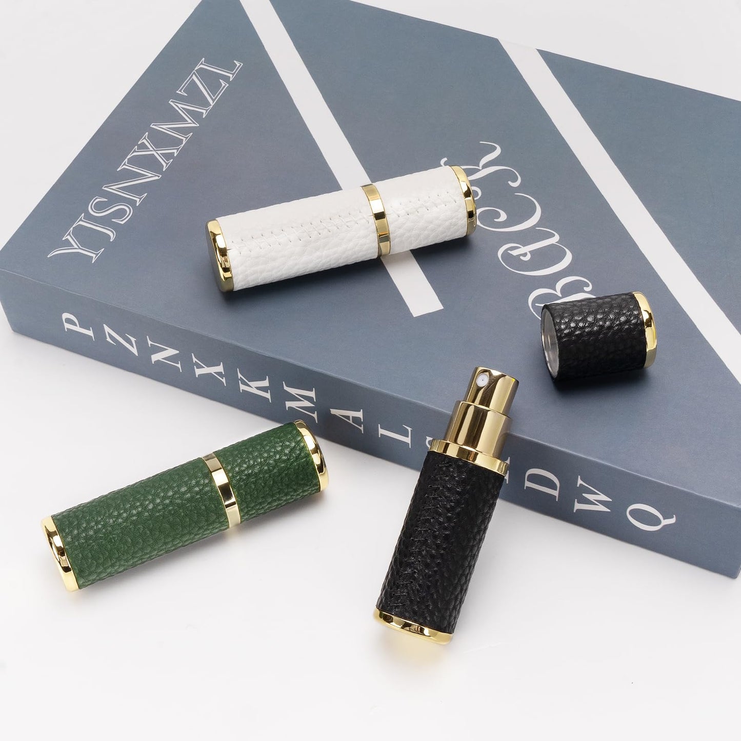 LUEXBOX 3 Pack Portable Perfume Bottle for Travel, Mini Refillable Perfume Dispenser, 5ml Faux Leather Leak Proof Perfume Atomizers Bottles Sprayer for Pocket Perfume (Black, White, Green)
