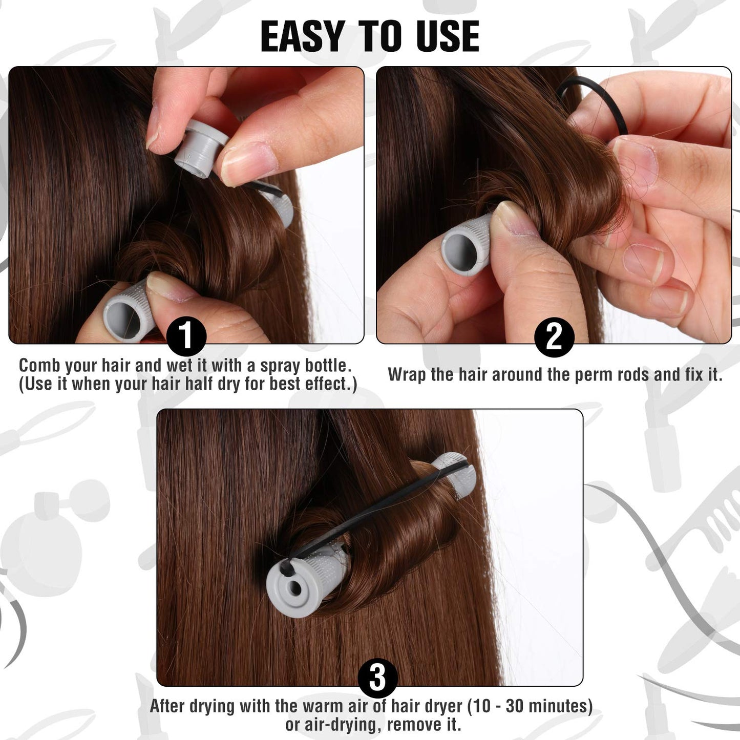WILLBOND 60 Pcs Cold Wave Perm Rods - Plastic Curling Rollers for Long Hair | 0.59 Inch, Gray