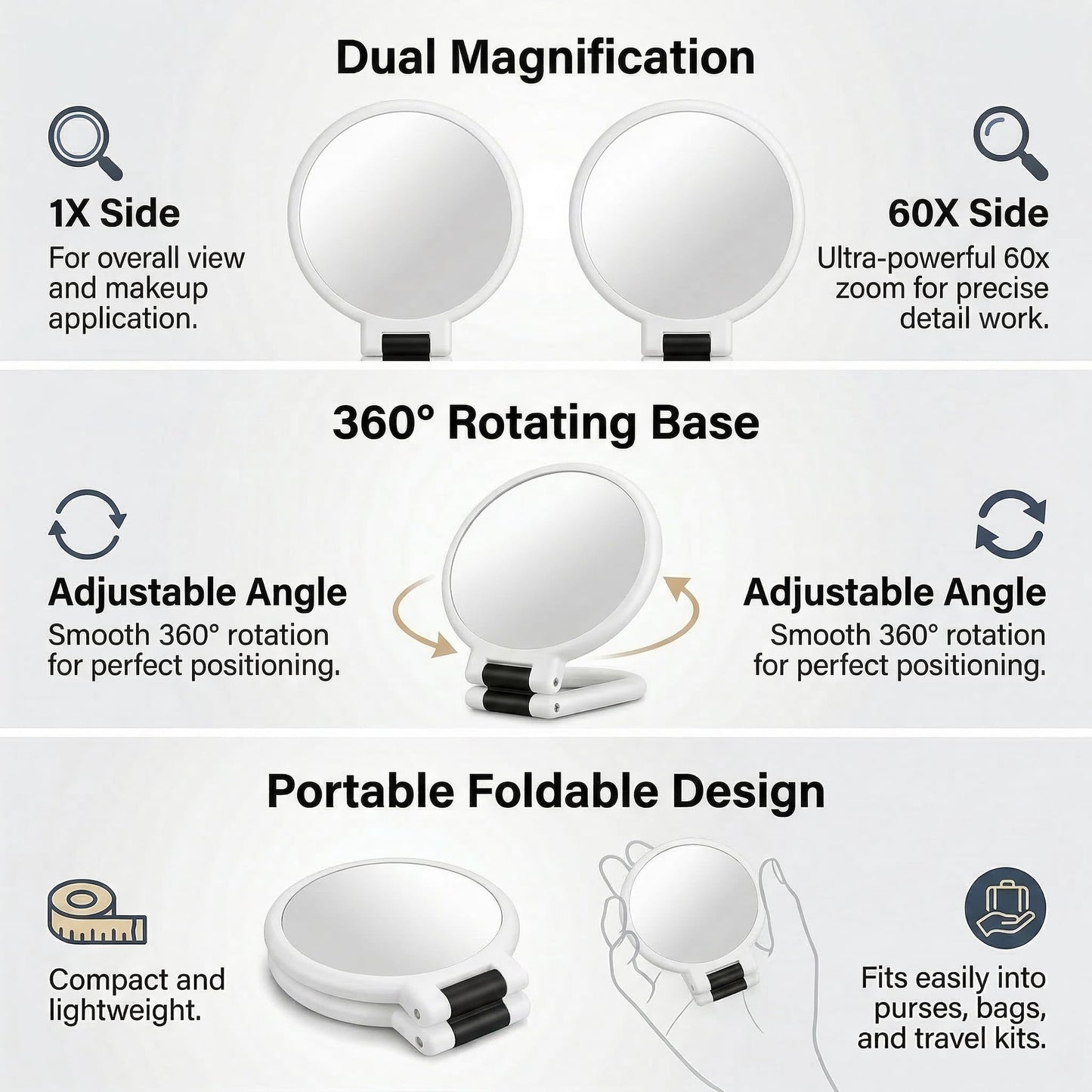 Magnifying Handheld Mirror Double Sided, 1X and 60X Magnification Hand Mirror, Travel Folding Hand Held Makeup Mirror with 360° Rotation Pedestal for Vanity, Dressing Table and Daily Use White