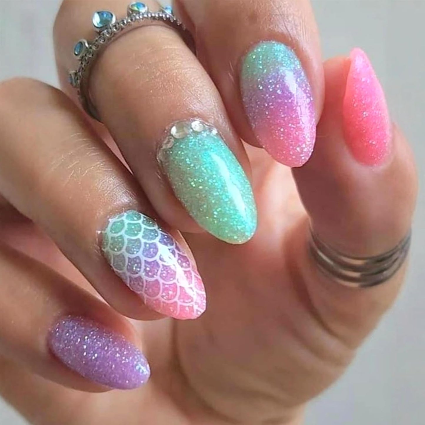 Colorful Gradient Press-On Nails - Medium Almond Summer Sunset | Reusable Glossy Full Cover 24 Pcs with Adhesive Stickers