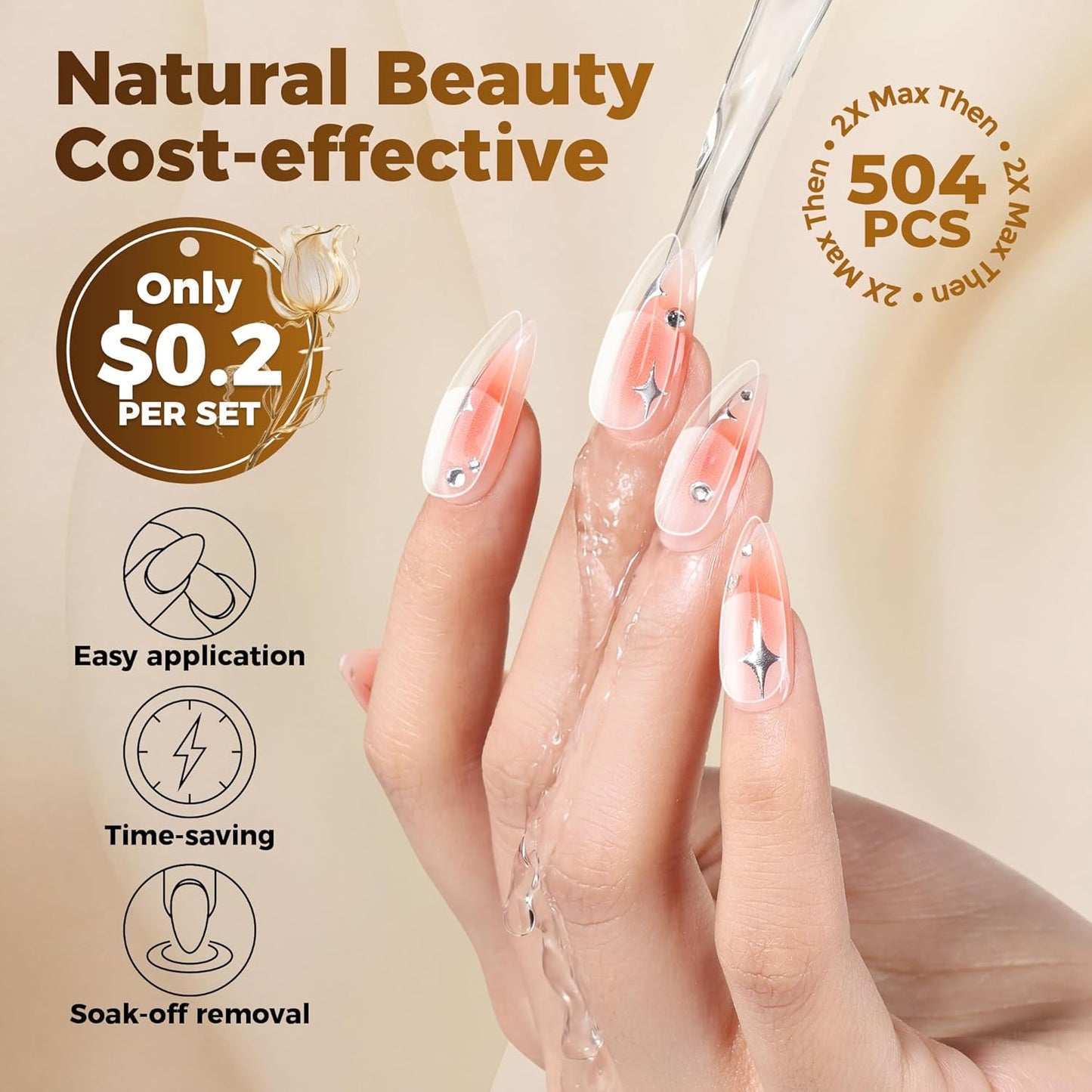 Medium Stiletto Press-On Nails - 504 Pcs Clear Gel Nail Tips | Full Cover Pre-Etched Acrylic, 12 Sizes Available