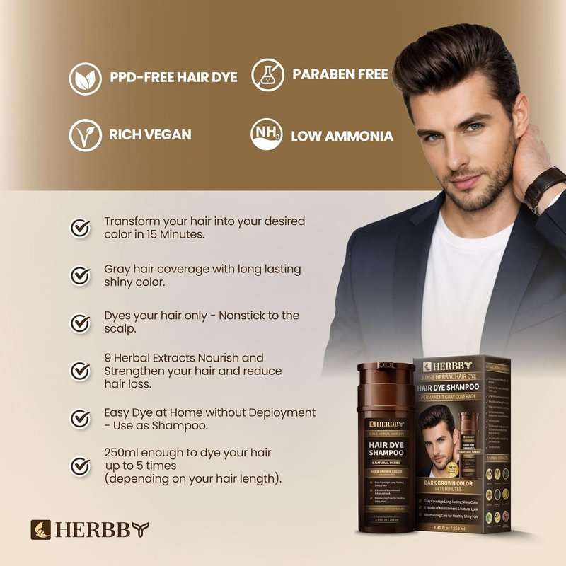 Hair Color Shampoo for Gray Coverage | 9 Herbal Extracts, Long-Lasting Dark Brown, 250ml