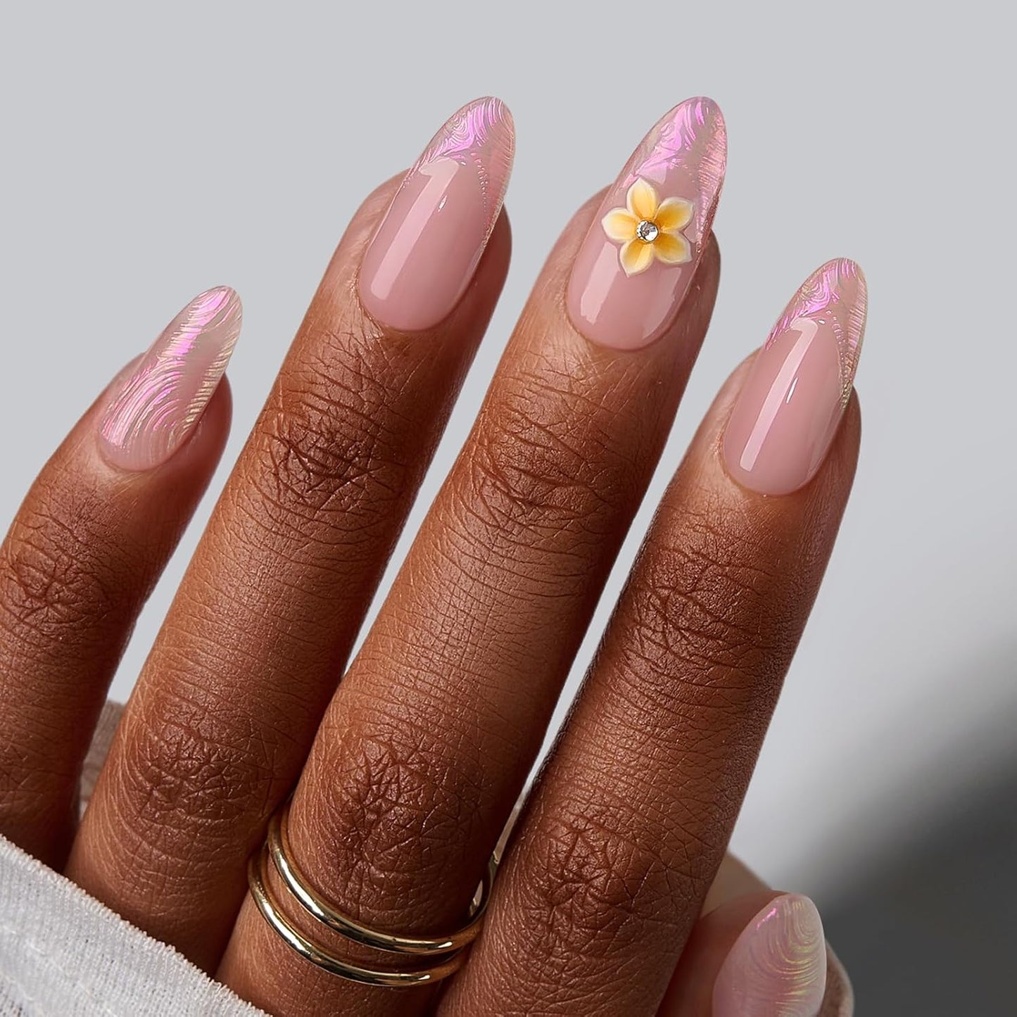 French Tip Press On Nails - Isle Plumeria | Easy-Apply Flower Short Square Design, 32 Nails in 16 Sizes