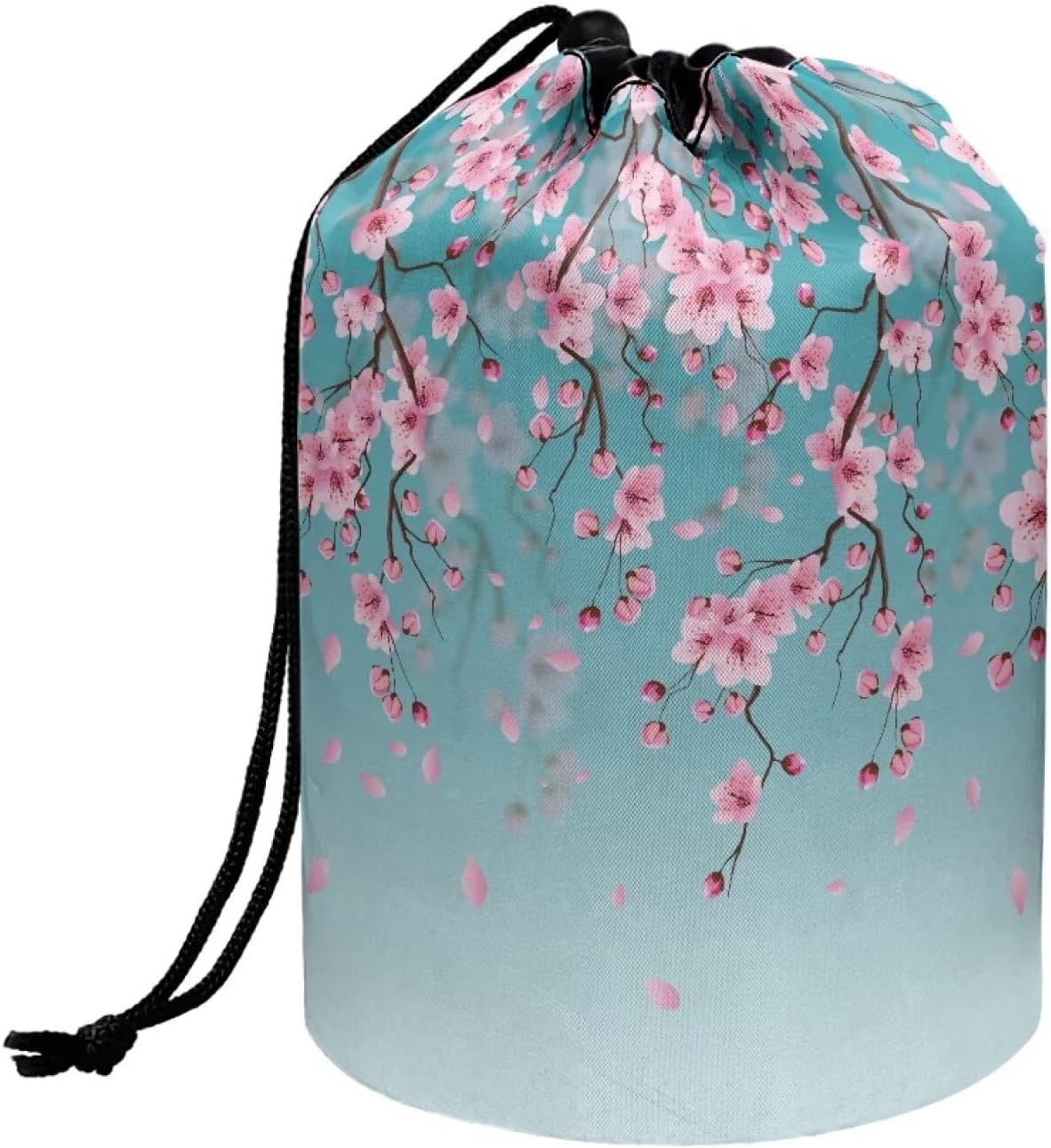 Peach Blossom Blue Cosmetic Bag for Women - Portable Drawstring Makeup Organizer | Collapsible Toiletry Storage