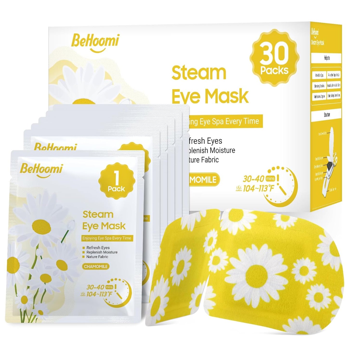 BeHoomi Heated Steam Eye Masks - 30 Packs of Disposable Warm Compresses for Relaxation | Unscented