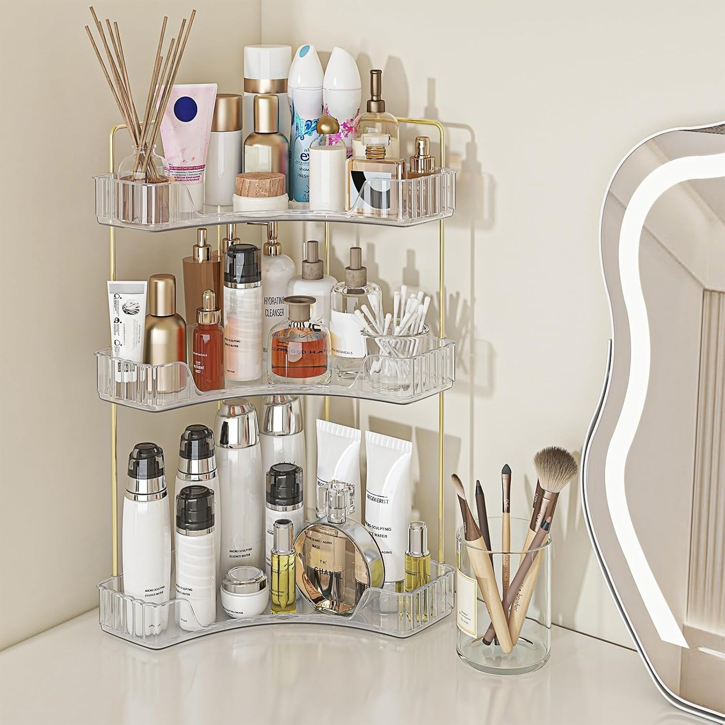 Corner Bathroom Counter Organizer - 3-Tier Makeup & Skincare Shelf | Vanity & Perfume Tray for Efficient Storage