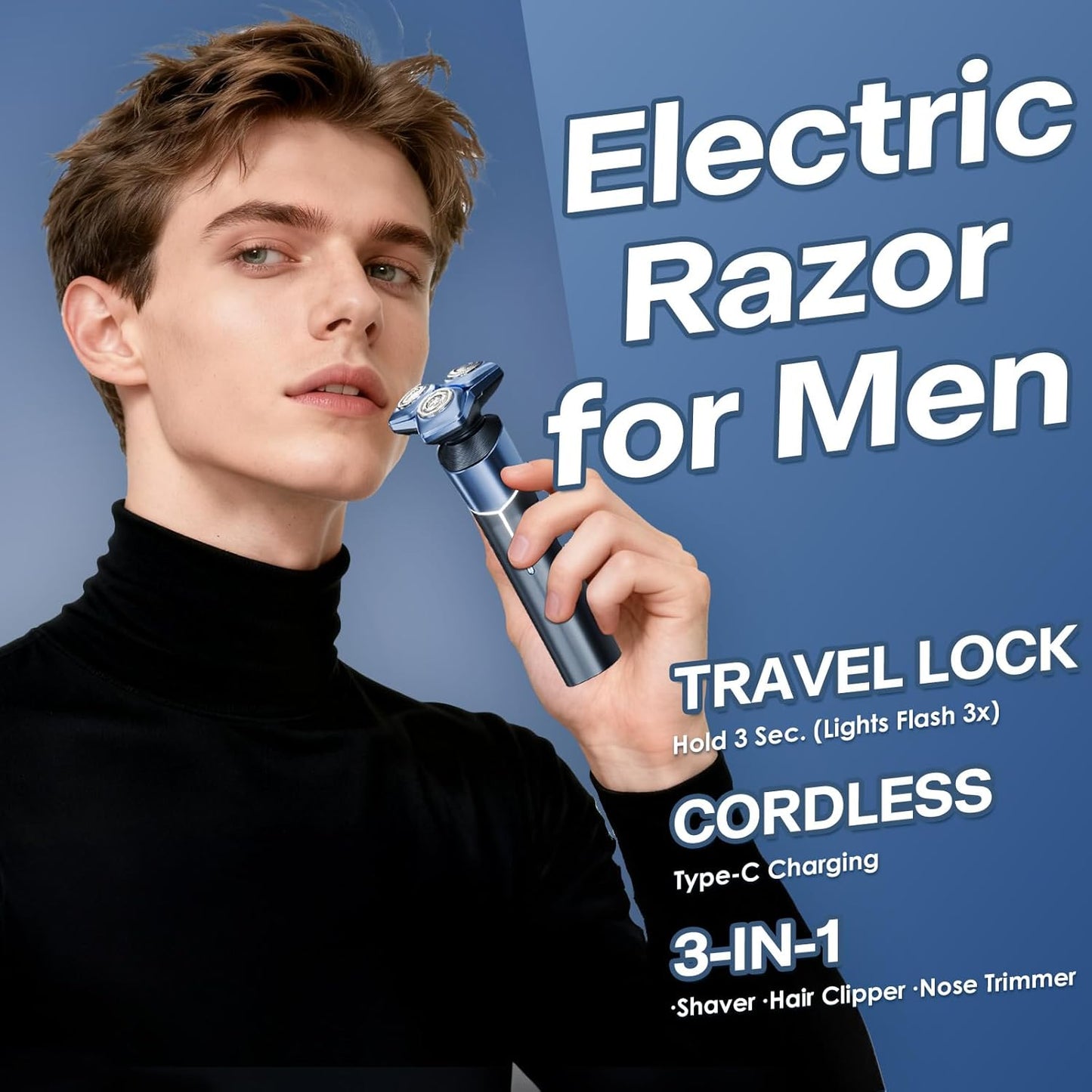 Electric Razor for Men - 3-in-1 Shaver with Hair Clipper & Nose Trimmer | Metallic Blue Finish