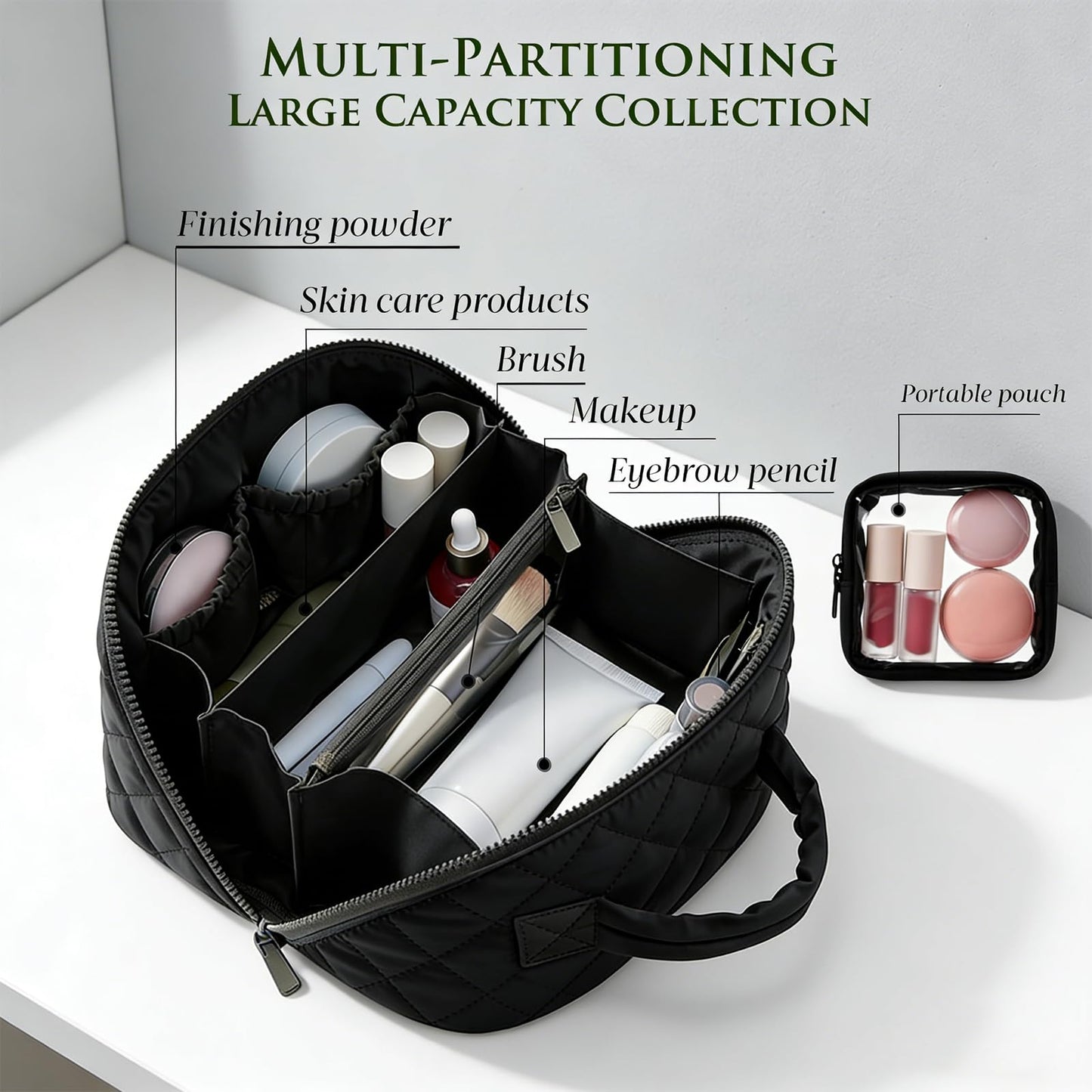 MINGRI Petition Makeup Bag for Travel,Women Quilted Cosmetic Bag Puffer Large Capacity Toiletry Bag 2Pcs,Lay Falt 180°Open Valentine's Day Gift for Toiletries & Brushes with Compartments(Black)