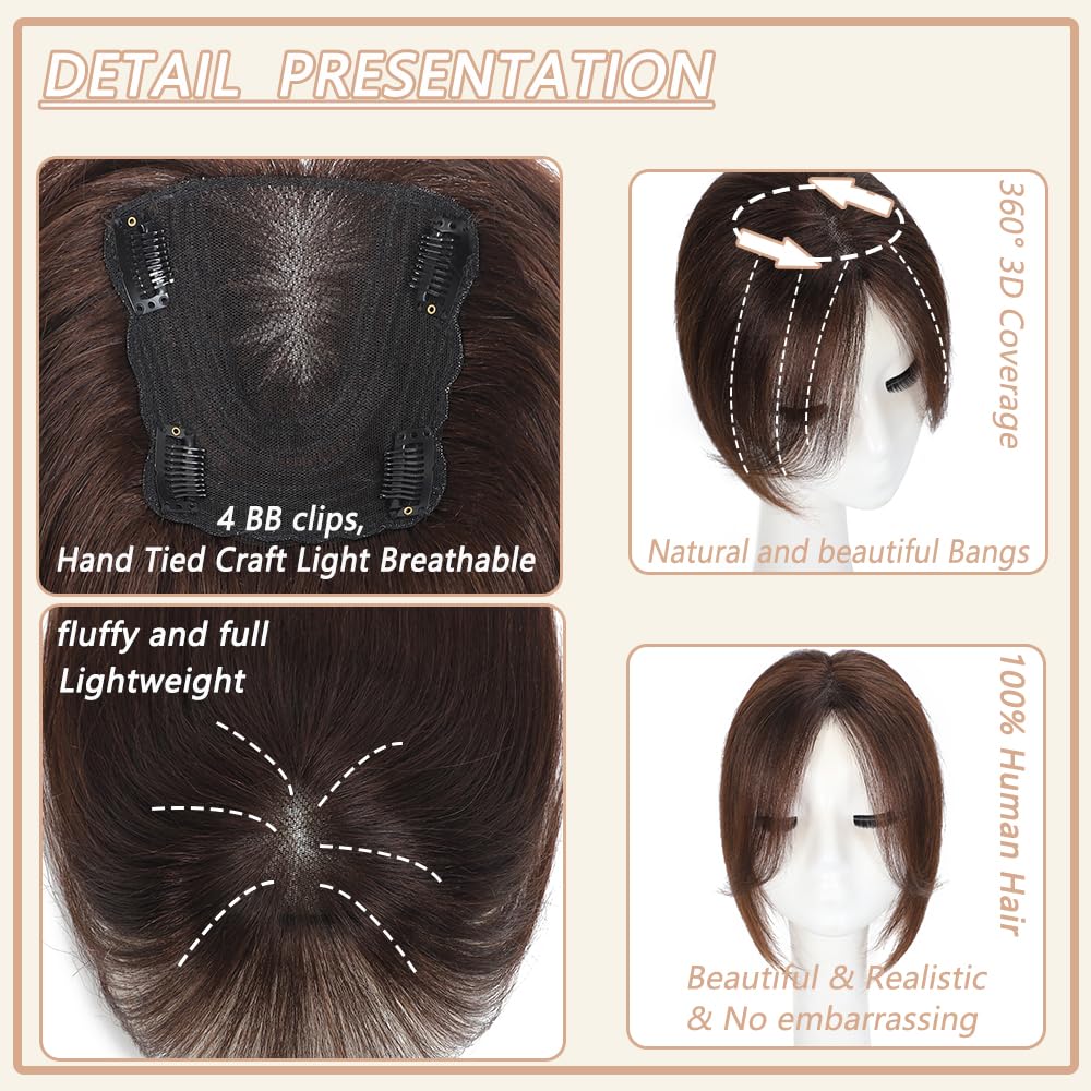 HVVZOY Hair Toppers for Women Real Human Hair,360°3D Big Basement Cover Topper for Women with Thinning Crown with Wispy Clip in Bangs Realistic Scalp