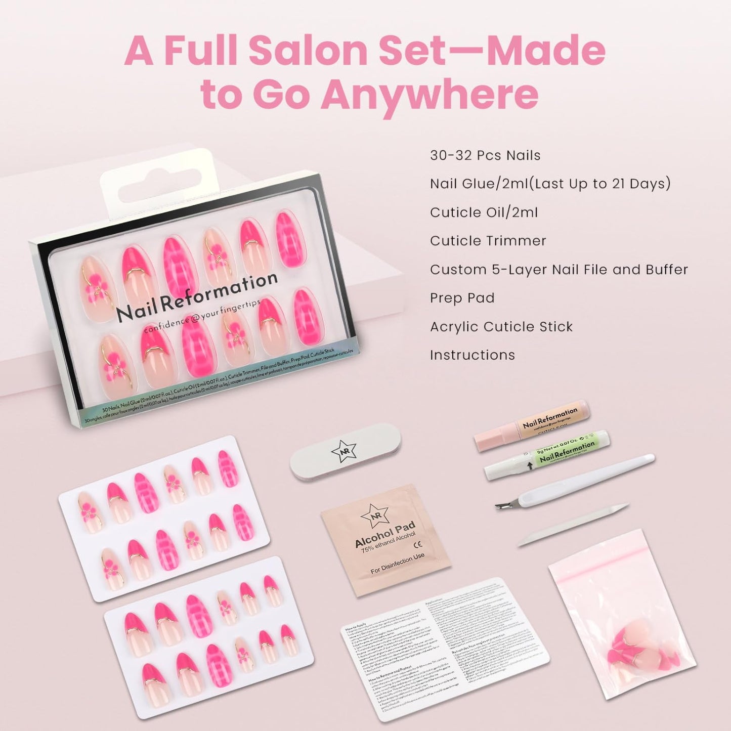 Press On Nails - 3D Floral Peony Pop Medium Almond Design | Reusable Stick-On Nails in 15 Sizes, Glossy Finish