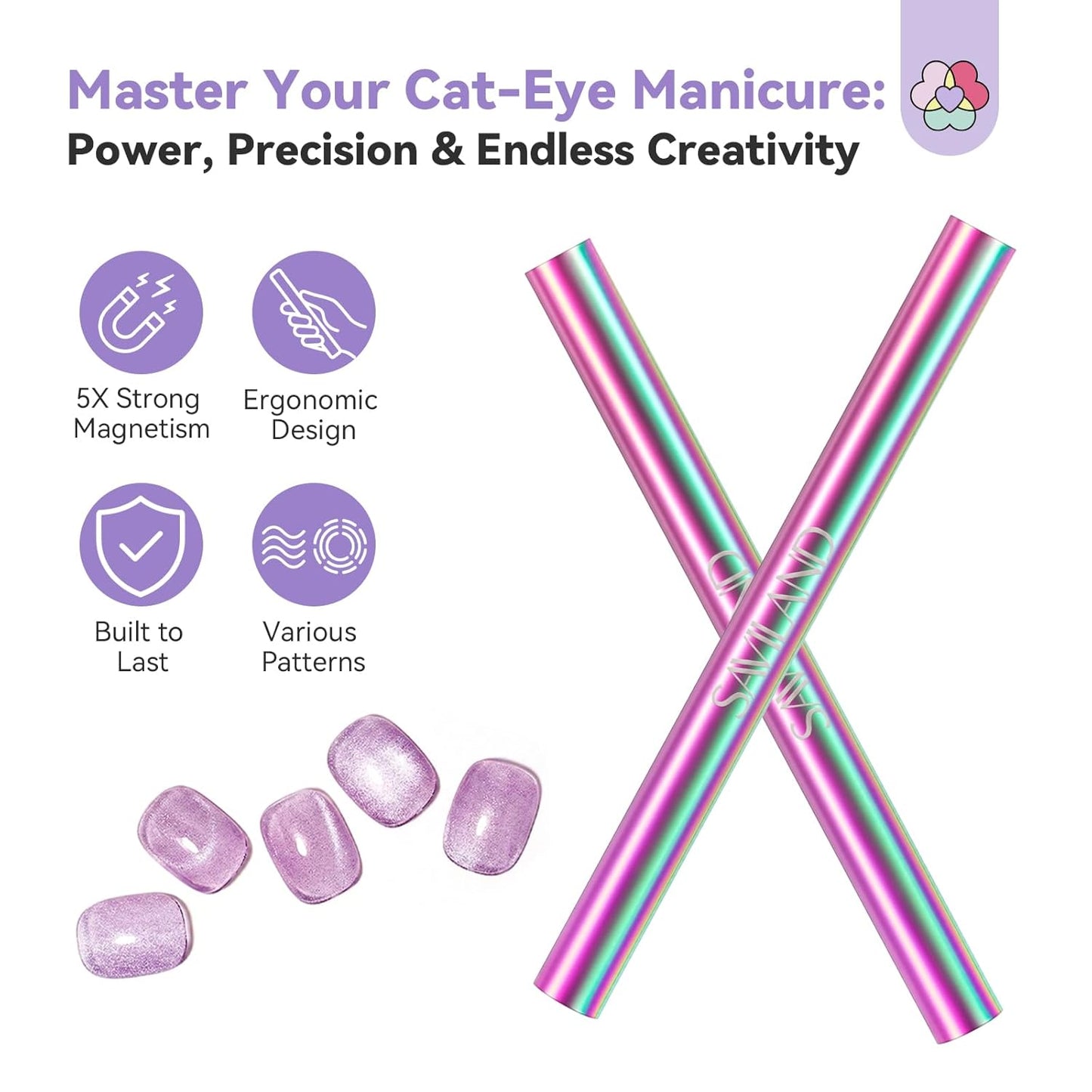 SAVILAND Ultra-Strong Cat Eye Magnet - 5X Holographic Dual-Ended Nail Tool for Gel Polish Art | Heart-Shaped Design