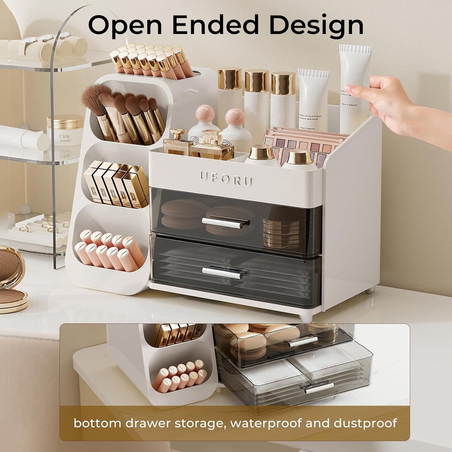 Makeup Organizer for Vanity - Large Capacity Skincare & Cosmetic Display Case with 2 Drawers | Brush Holder & Perfume Storage