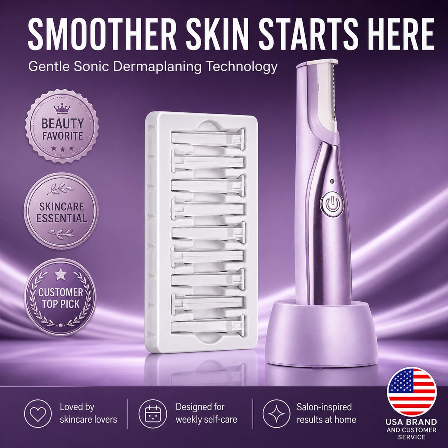 Sonic Dermaplane Razor for Women Face with 14 Refill Blades,3 Speeds with LED Light,Dermaplaning Tool for Peach Fuzz & Exfoliation,Rechargeable Facial Hair Remover