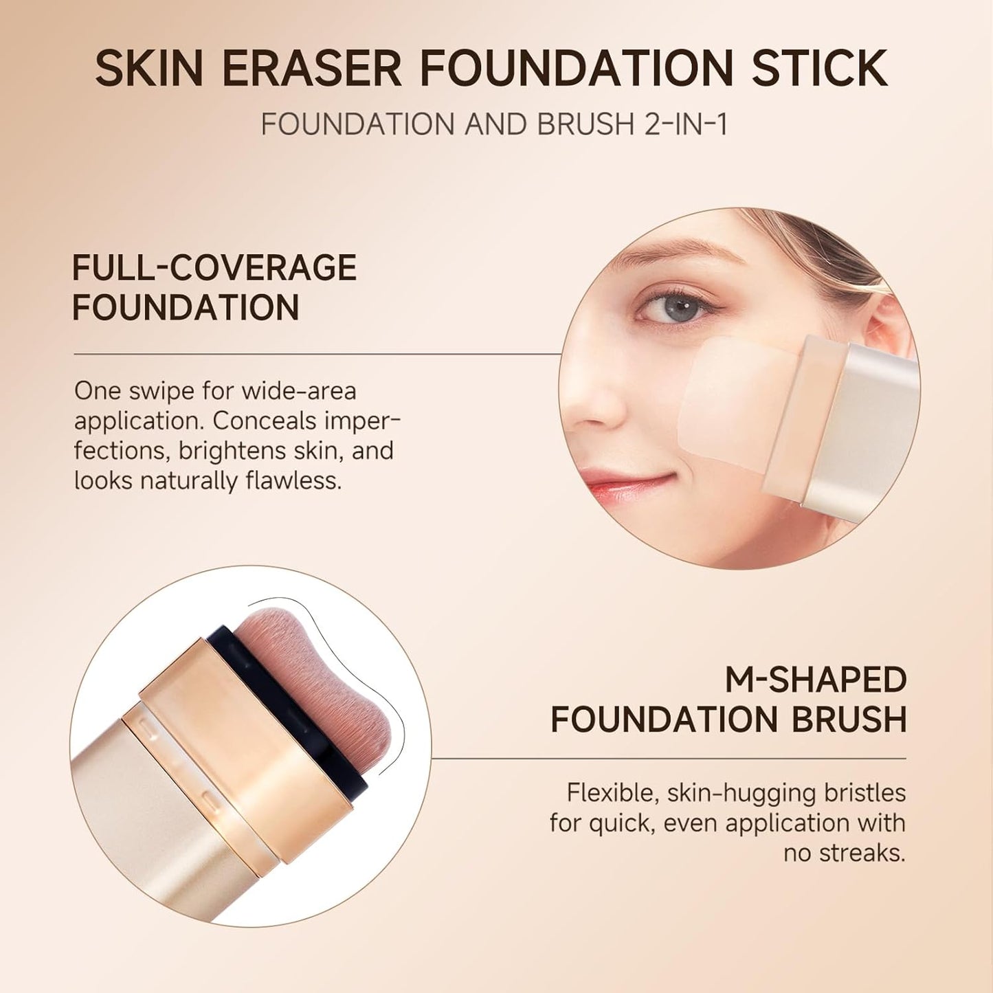 Foundation Stick for Mature Skin - Buildable Light to Full Coverage Makeup | Dual-Ended with Brush - Natural Dewy Finish (Chocolate)