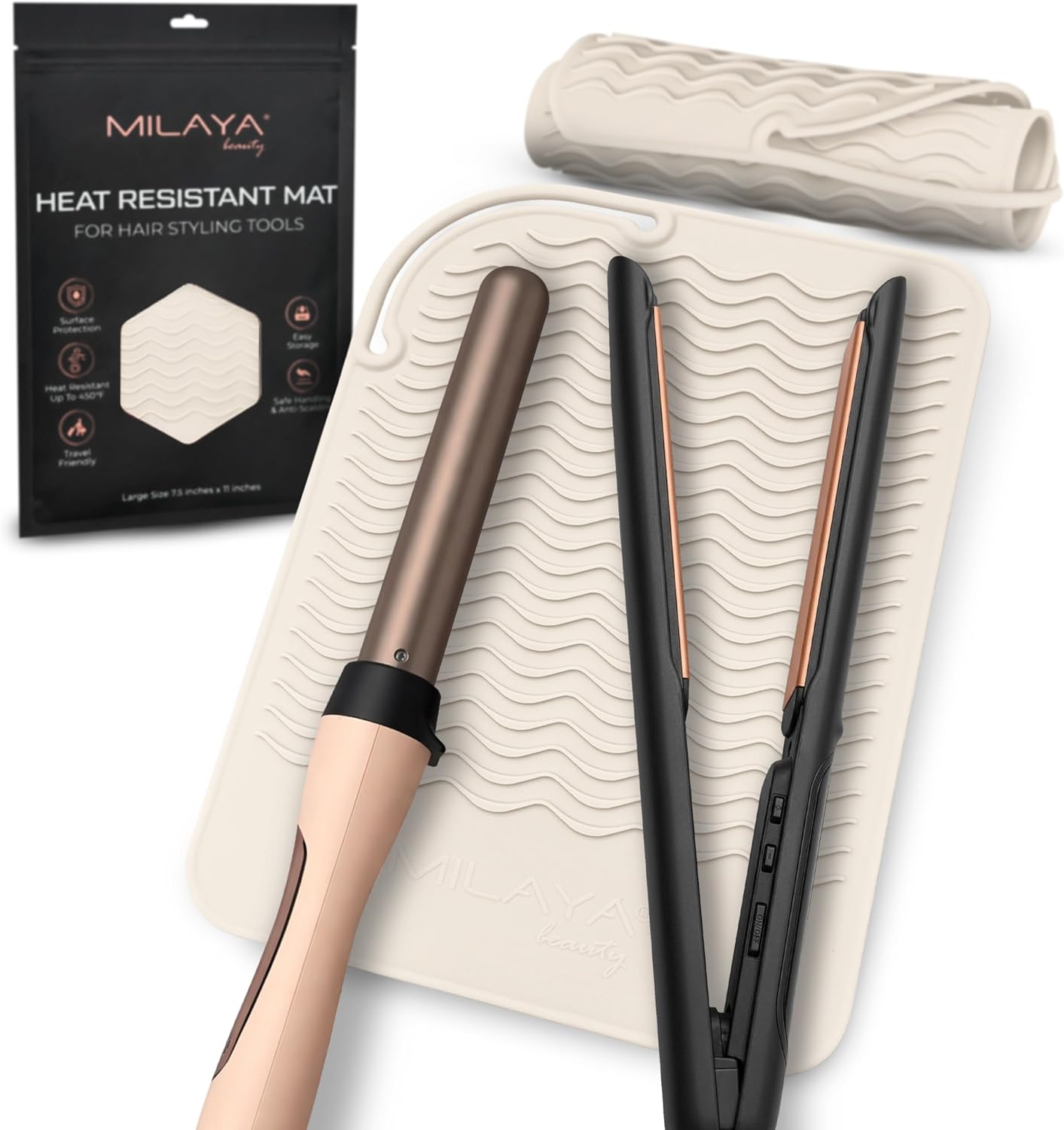 Milaya Beauty Large Heat Resistant Mat - Silicone Curling Iron & Flat Iron Holder | Non-Slip Vanity Accessory for Home & Travel