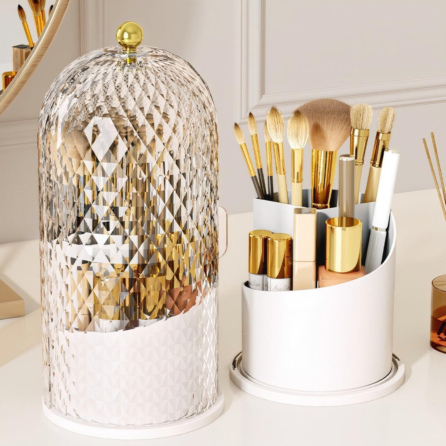 Makeup Brush Holder - 360° Rotating Waterproof Storage Box | Diamond Pattern, White