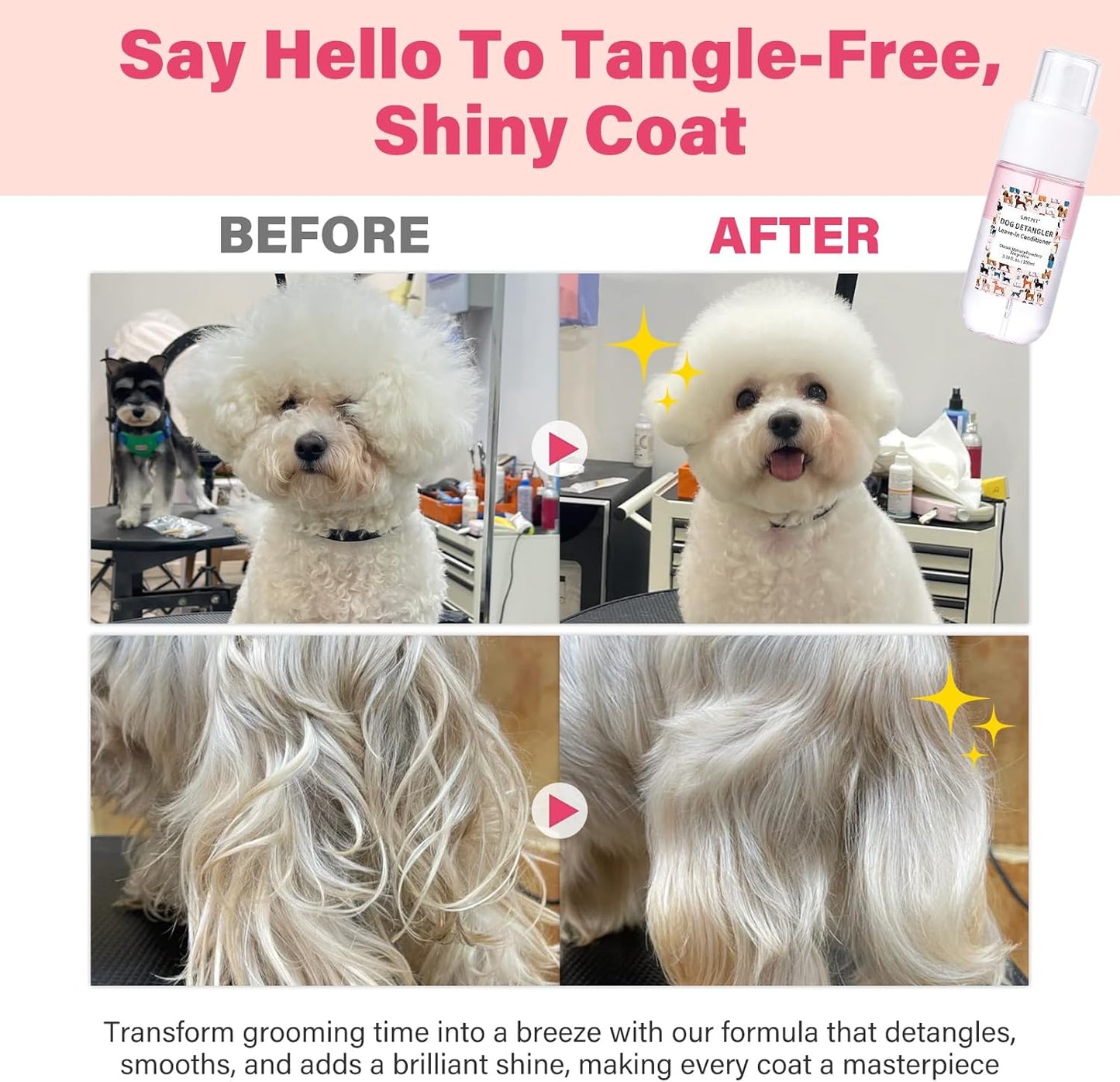 Dog Detangler & Dematting Spray - Leave-In Conditioner with Coconut Oil & Jojoba Oil | 3.38 fl. oz for Tangle-Free Grooming