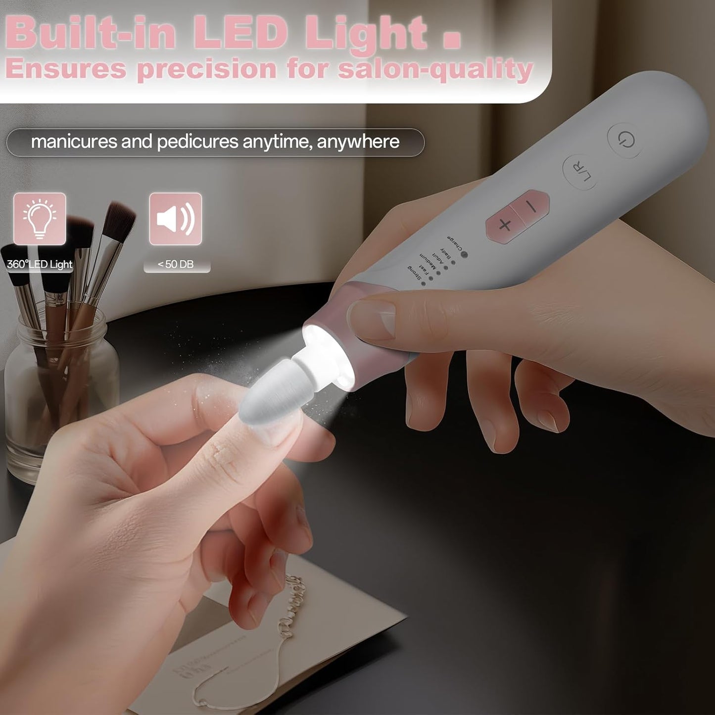Electric Nail File Drill - Cordless 2000mAh Rechargeable Portable Nail Machine for Acrylic Manicure & Thick Toenails | Pink