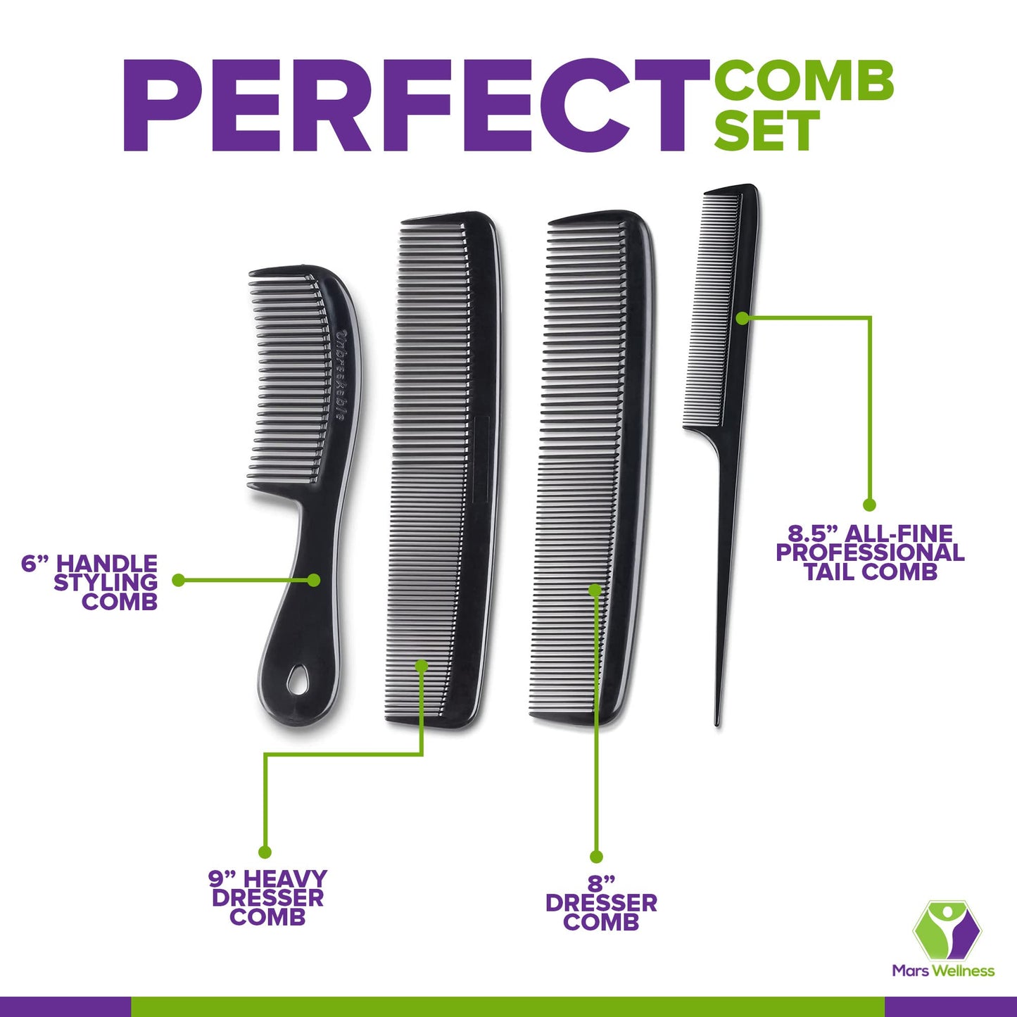Mars Wellness 4 Piece Professional Comb Set Black - USA MADE - Fine Pro Tail Combs, Dresser Hair Comb Styling Comb - Premium Grade for Men and Women - Parting Teasing and Styling