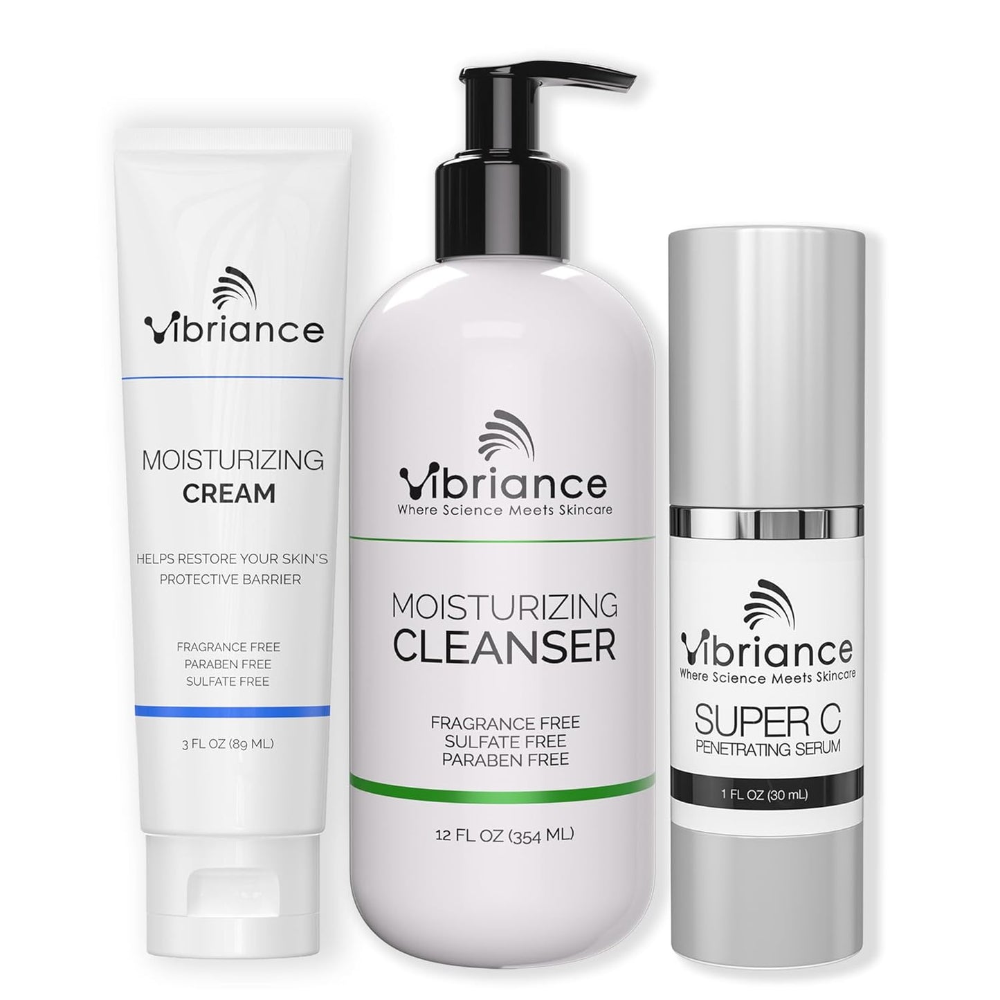Vibriance Skincare Set - Super C Serum, Moisturizing Cleanser & Face Cream | Complete Bundle for Radiant Skin