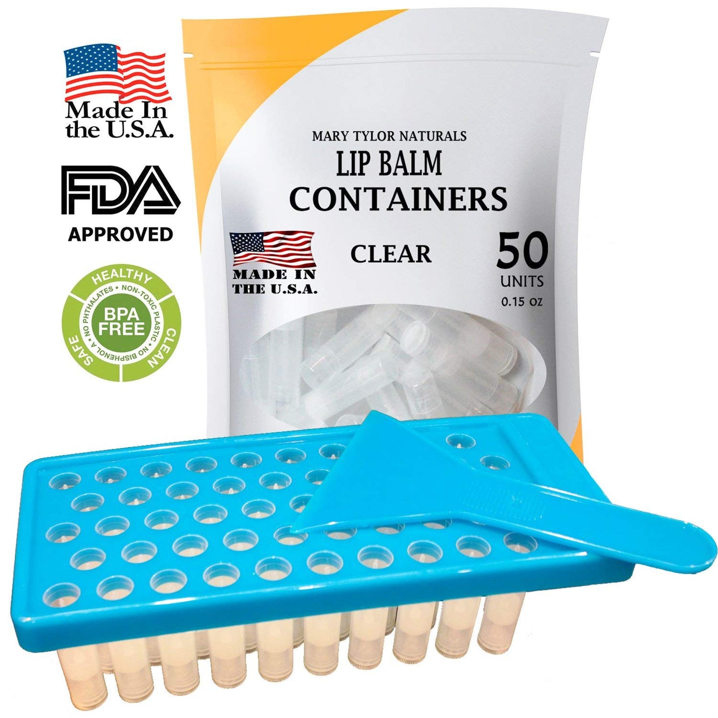 Lip Balm Container Tray Kit - 50 BPA-Free Clear Containers with Caps | Includes Fill Tray & Spatula (0.15 oz Each)