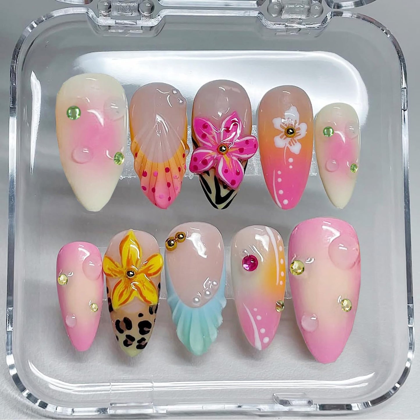 Summer Beach Press-On Nails Set - 24Pcs Medium Almond Floral Design with 3D Starfish & Seashell | Full Cover Ocean Manicure for Women