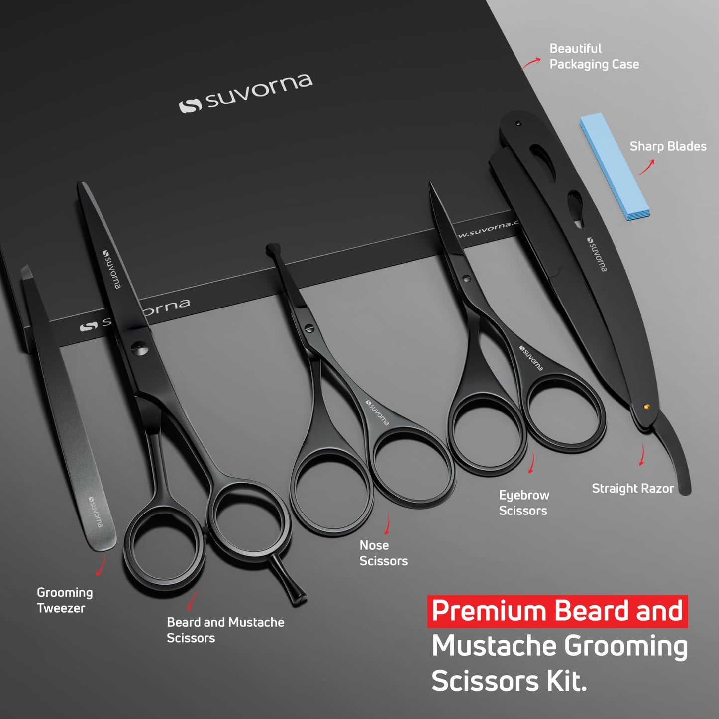 Suvorna Premium Beard & Mustache Set with Beard scissors for men, Straight Razor with blades- Facial Hair/Nose/Eyebrow Scissors - Slant Tweezers (6 Pcs Black)